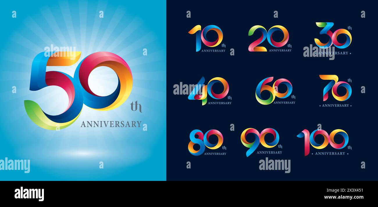 Set di logotipo dal 10 al 100° anniversario, logo Twist Ribbons colorato, lettere numerate stilizzate Origami, logo anniversario per eventi celebrativi, Illustrazione Vettoriale