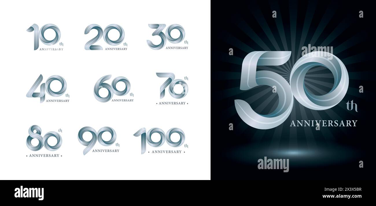 Set di logotipo dal 10 al 100° anniversario, logo Twist Ribbons, lettere numeriche stilizzate Origami, logo anniversario per eventi celebrativi, invito Illustrazione Vettoriale
