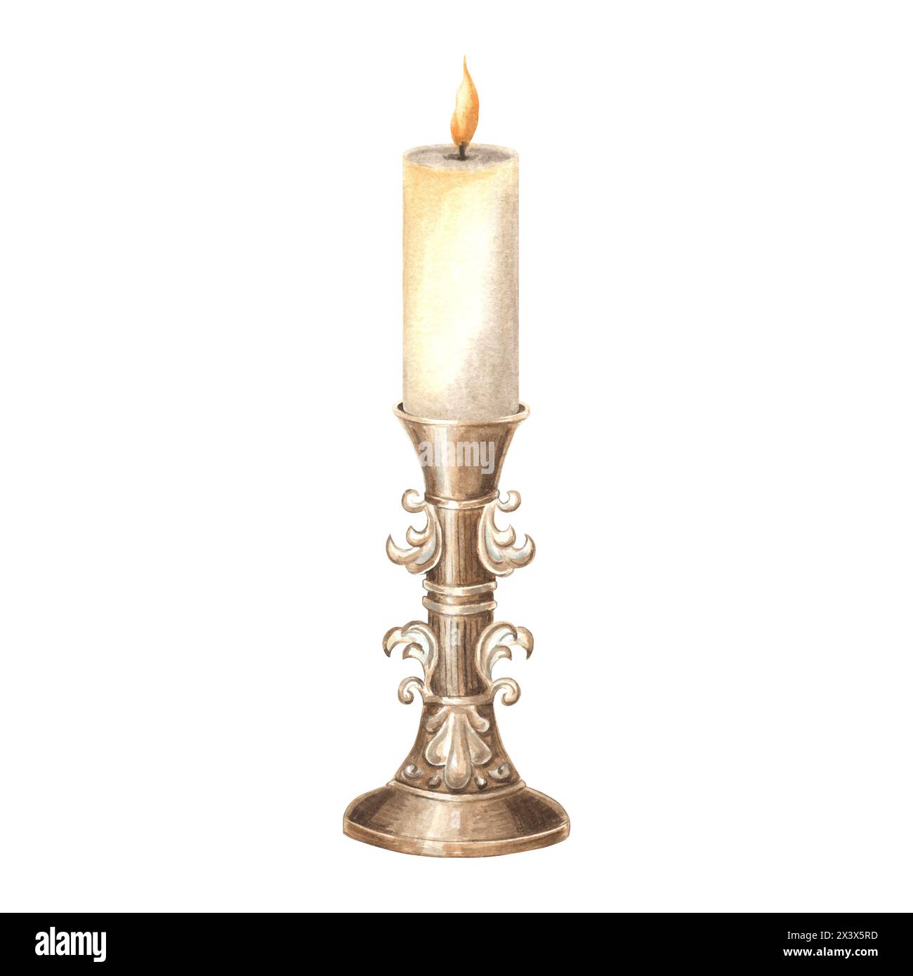 Candela in candelabro di bronzo vintage. Lanterna calda e luminosa . Illustrazione ad acquerello disegnata a mano. Accessori retrò romantici e accoglienti. Modello isolato f Foto Stock