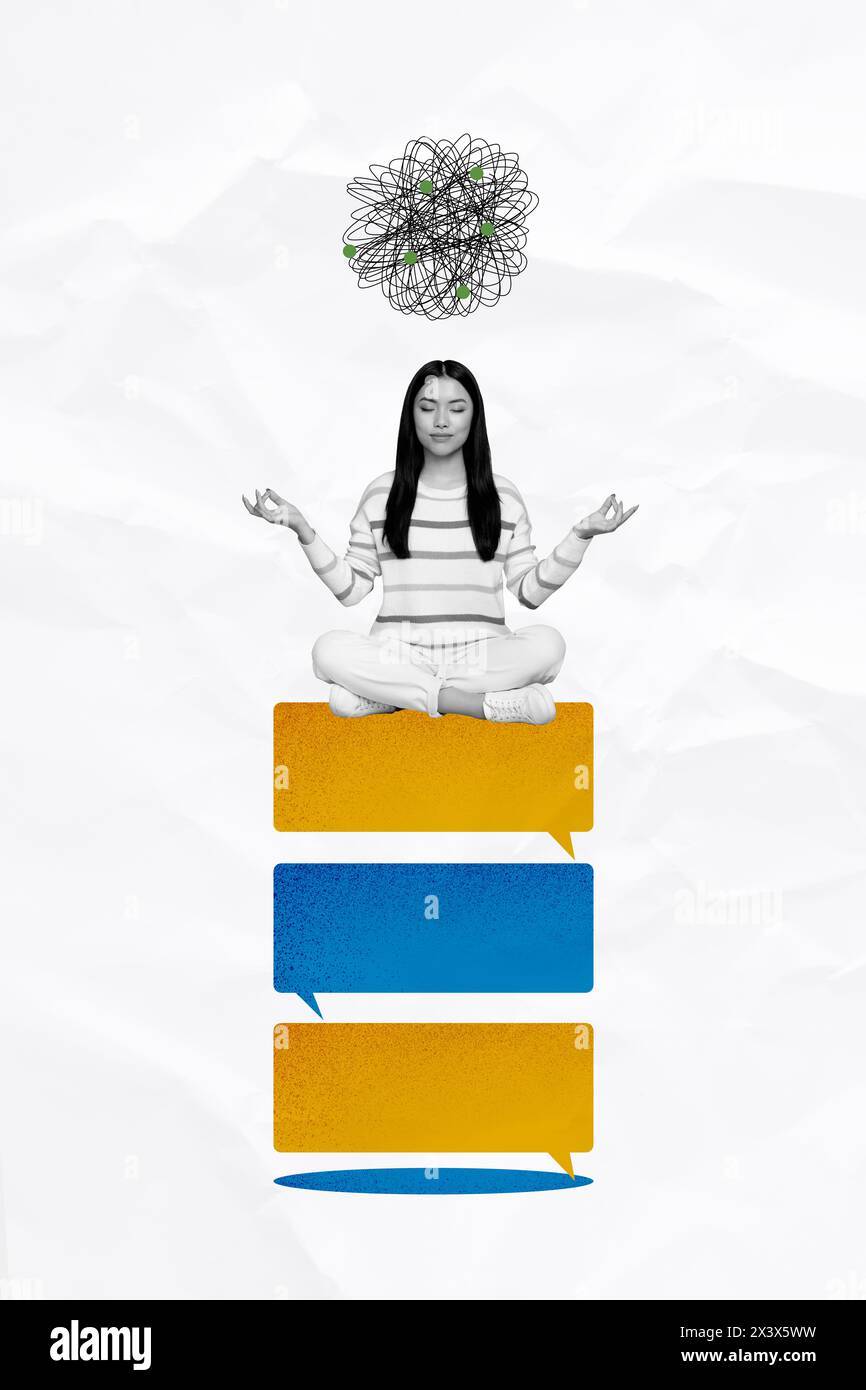 Collage fotografico composito di nero bianco silhouette giovane signora sedersi loto posa yoga mente psicologia salute mentale sedersi su piattaforma cloud sms Foto Stock