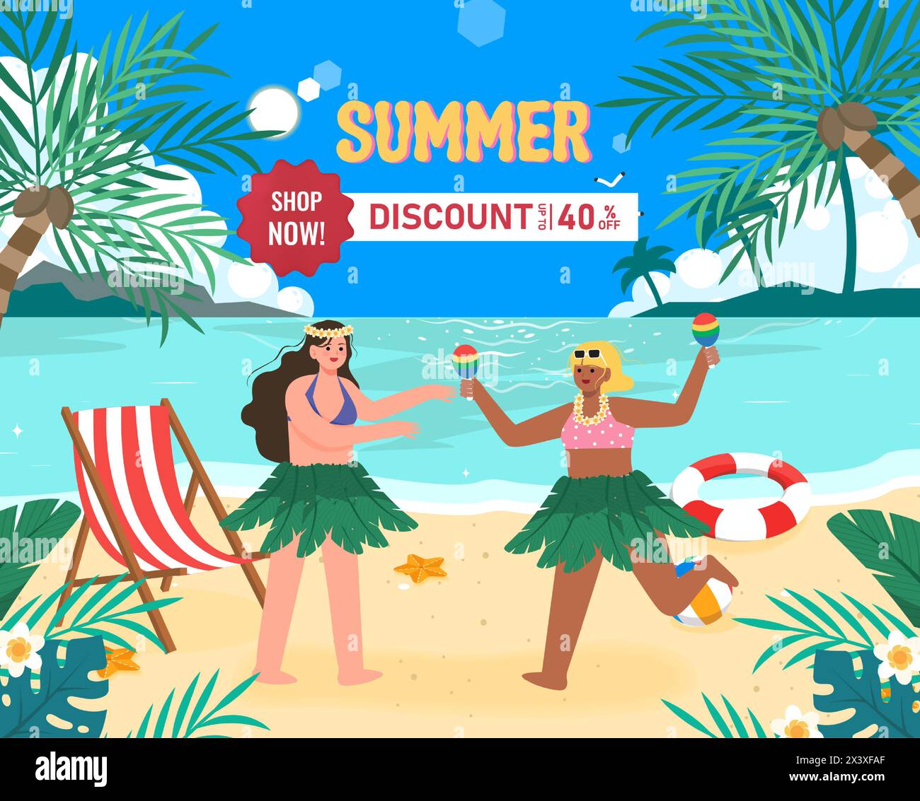 Spiaggia estiva, acqua blu dell'oceano. Palme soleggiate e shopping in vacanza, palme da cocco, viaggi in mare, donne in riva al mare, resort tropicale sull'isola. Vettore Illustrazione Vettoriale