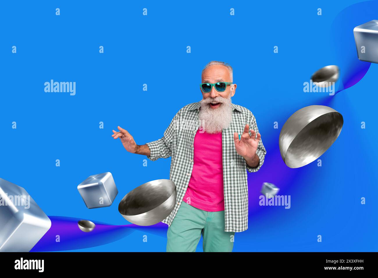 Collage fotografico creativo uomo anziano nonno pensionato occhiali da sole outfit elegante figure 3d elementi disegno sfondo Foto Stock