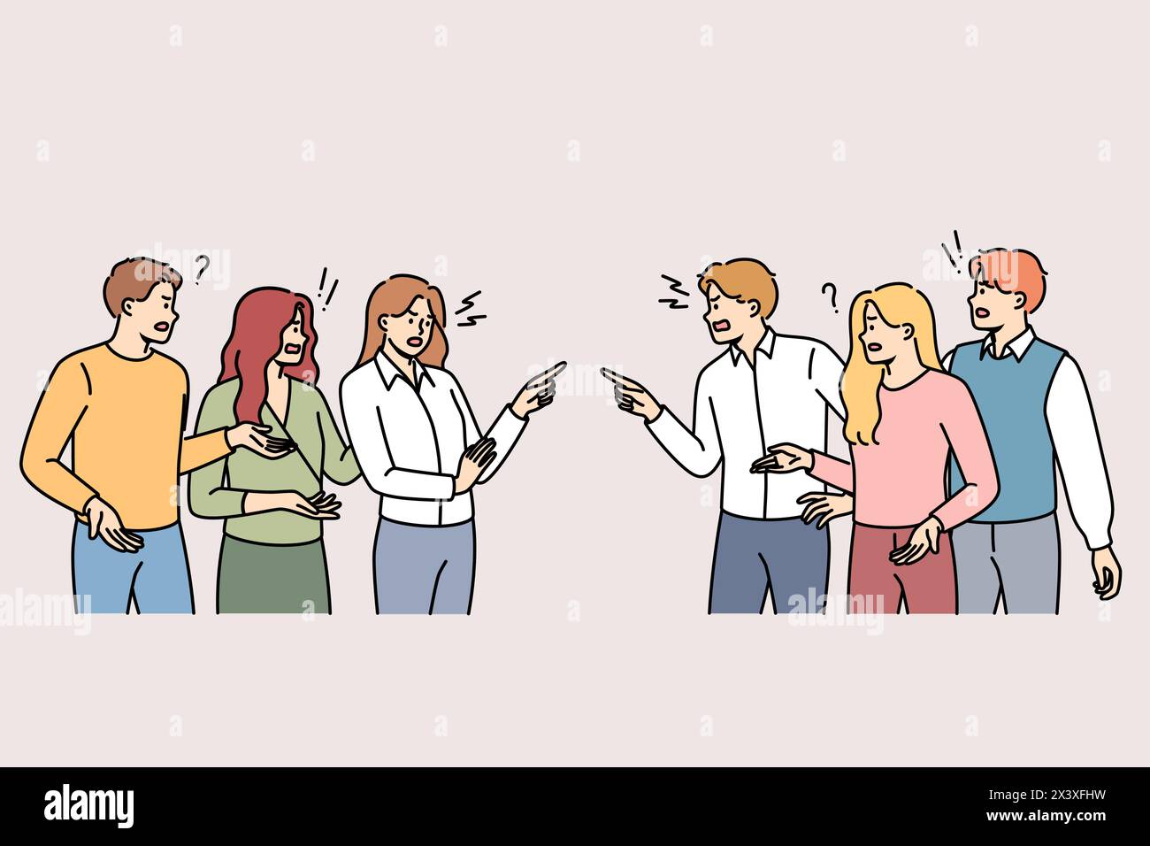 Sorra due team di uomini d'affari che lavorano in diversi dipartimenti aziendali, esprimendo rimproveri reciproci. Conflitto e litigio tra uomini e donne che provano emozioni e non sono in grado di essere d'accordo Illustrazione Vettoriale