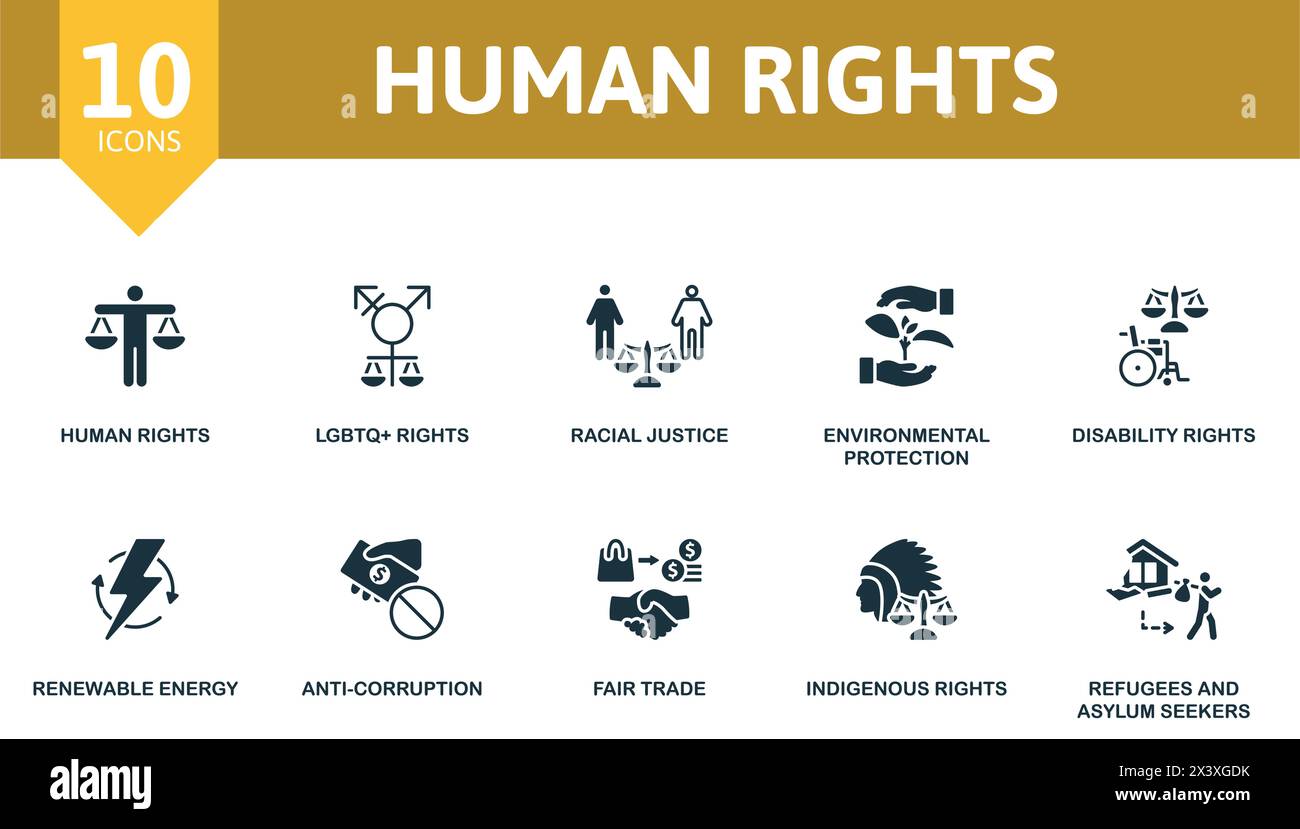 Set di icone dei diritti umani. Semplici segni creativi. Illustrazione Vettoriale