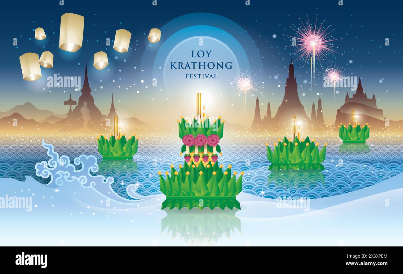 Thai Loy Krathong Festival, Thai Traditional, Thai Water Splash e Lanterna con punto di riferimento in Thailandia, Krathong fatto di foglie di banana verde Vector Illustrazione Vettoriale