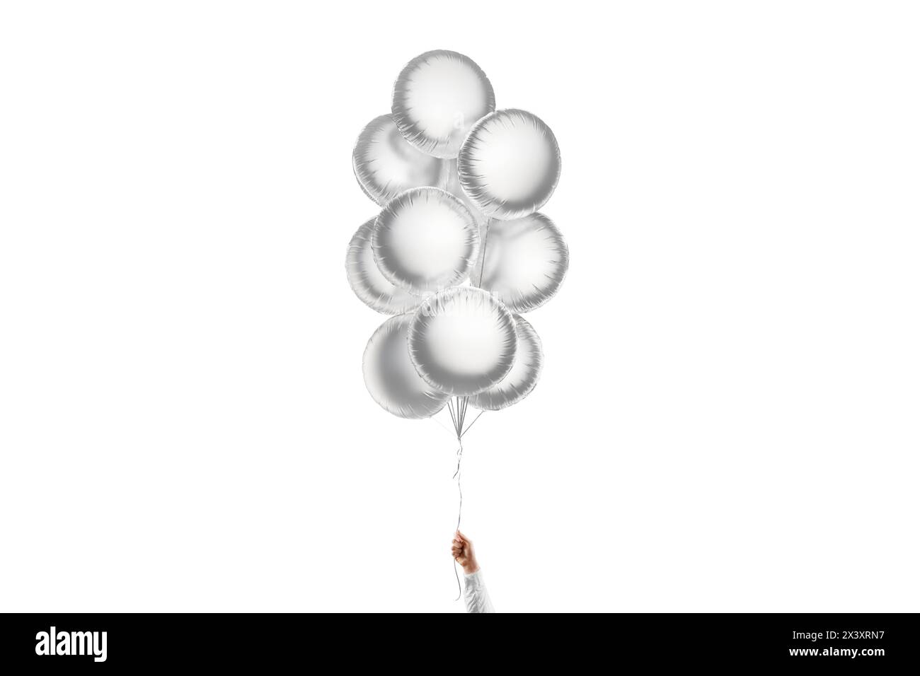 Mockup con palloncini rotondi argentati vuoti, isolamento, rendering 3d. Modello di composizione palloncini metallici vuoti, vista frontale. Eliminare i gonfiati Foto Stock