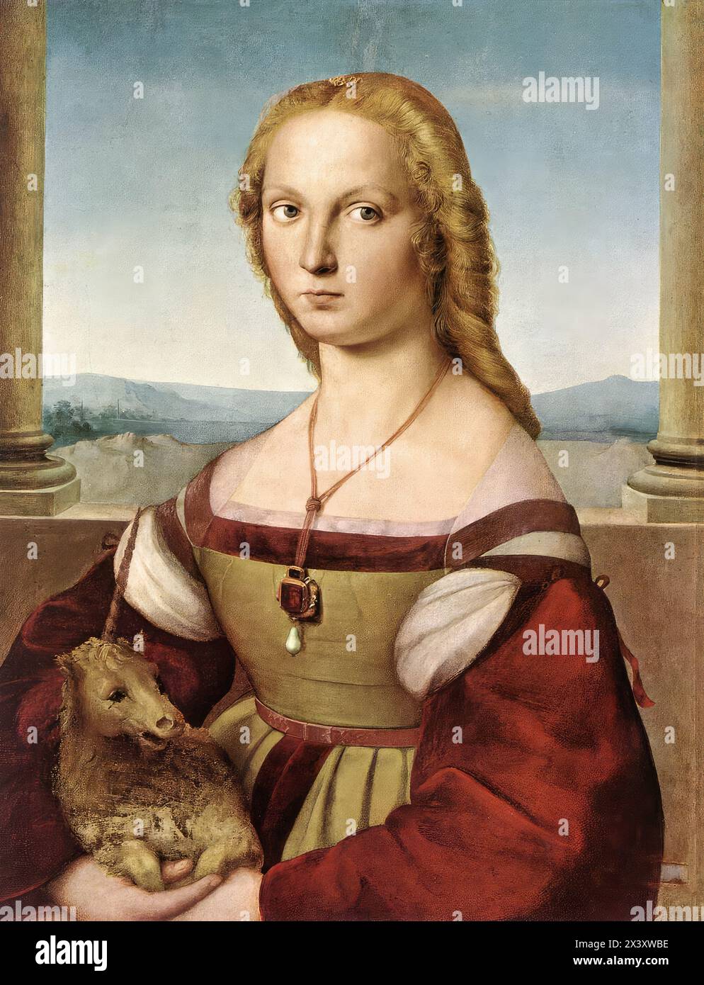 RAFFAELLO Sanzio (nato 1483, Urbino, d. 1520, Roma) Signora con unicorno c. 1505 olio su legno, 65 x 51 cm Galleria Borghese, Roma il dipinto in precedenza era attribuito a Perugino, Ridolfo Ghirlandaio, Granacci. All'epoca (nel 1928) dell'identificazione dell'artista come Raffaello, il dipinto era stato pesantemente dipinto per rappresentare una Santa Caterina. Dopo un'attenta pulizia, la geometria perfetta e il distacco di questa figura cortese sono stati rivelati, anche se la sua identità non è nota. I critici di oggi attribuiscono l'opera a Raffaello, riferendosi al 1505 e all'ambiente fiorentino. Posso, io Foto Stock