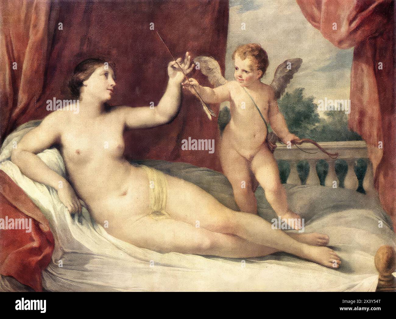 RENI, Guido (B. 1575, Calvenzano, d. 1642, Bologna) sdraiando Venere con Cupido c. 1639 olio su tela, 136 x 174 cm Gemäldegalerie, Dresda --- parole chiave: --------------- Autore: RENI, Guido titolo: Reclinazione Venere con Cupido linea temporale: 1601-1650 Scuola: Italiano forma: Pittura tipo: Mitologico Foto Stock