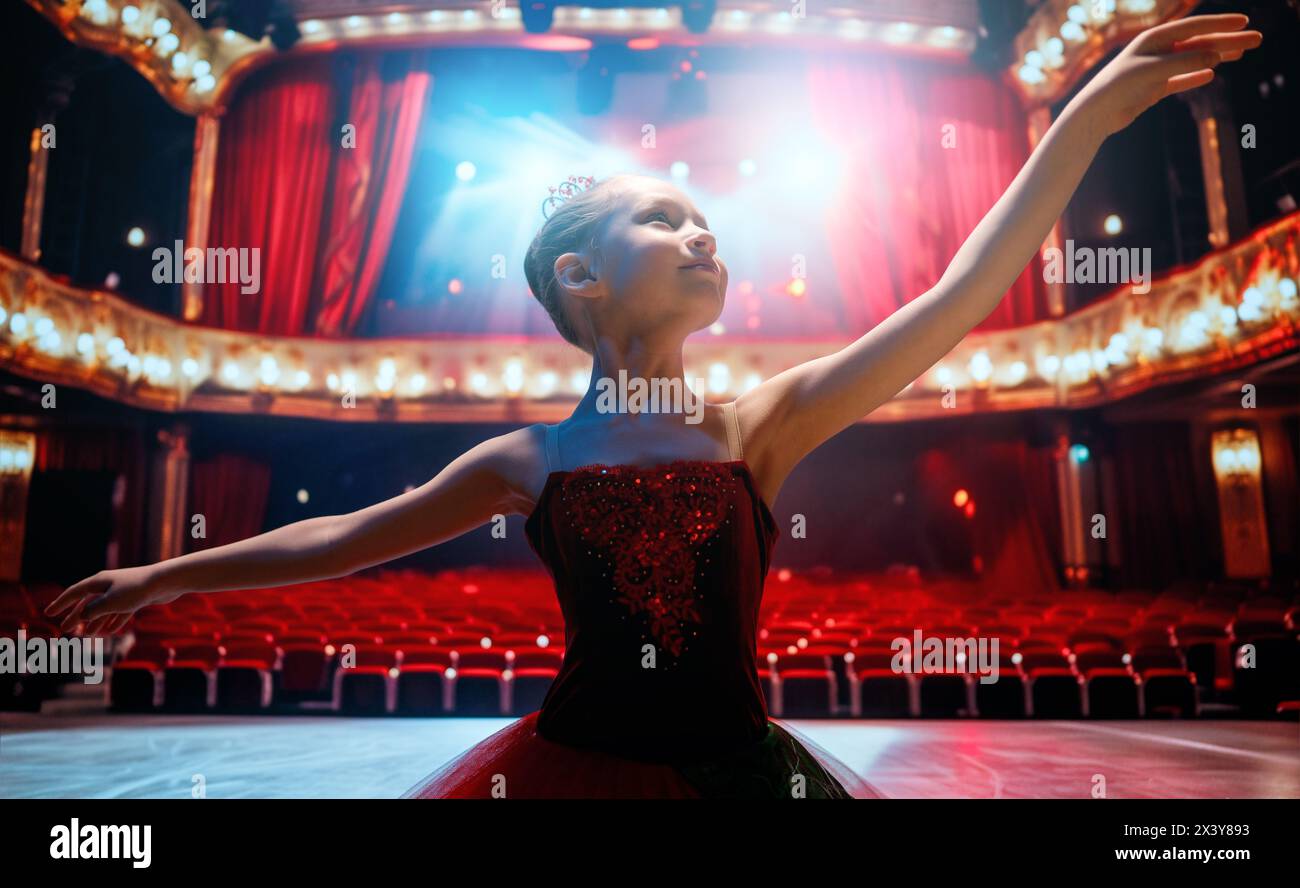 Una bambina carina che sogna di diventare una ballerina. Bambina in un tutu rosso che danza sul palco. Foto Stock