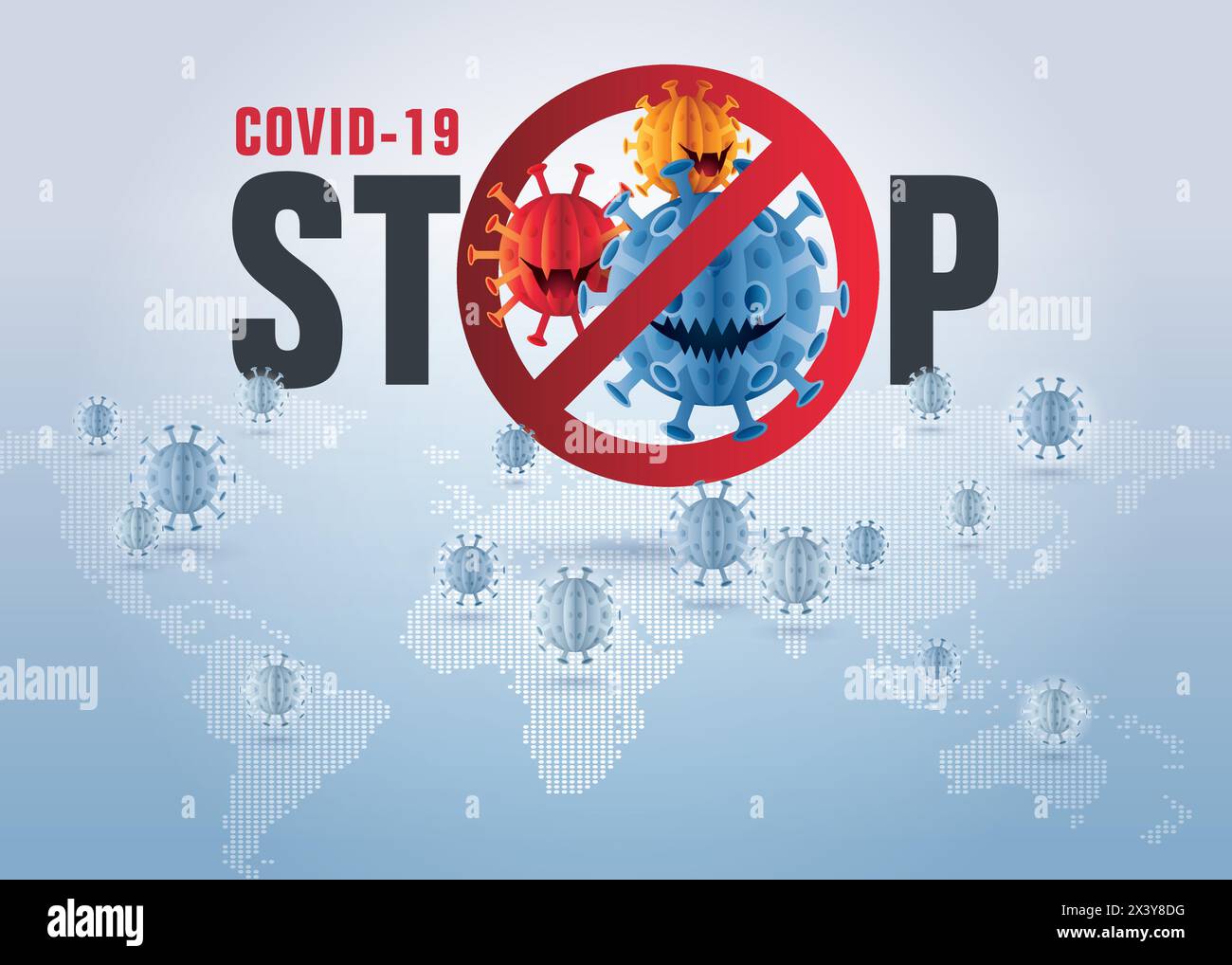 Coronavirus Covid-19 pandemia virus nel mondo, segno cautela coronavirus. Fermare il concetto di prevenzione della COVID-19. Astratto Stop Coronavirus segno con Illustrazione Vettoriale