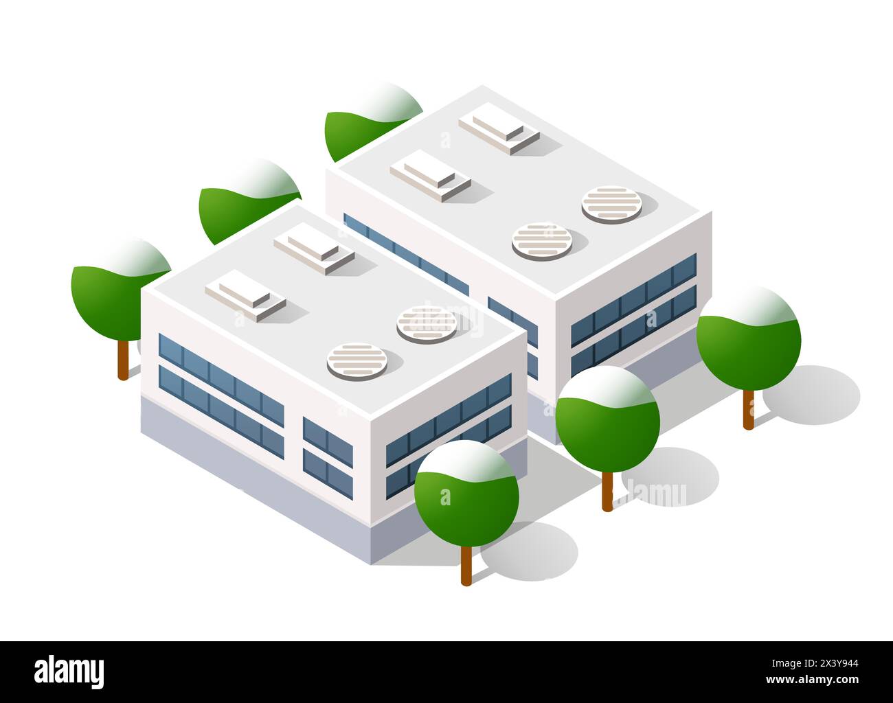 Isometrica, 3D cityscape vista della sommità della casa e alberi di strada Illustrazione Vettoriale