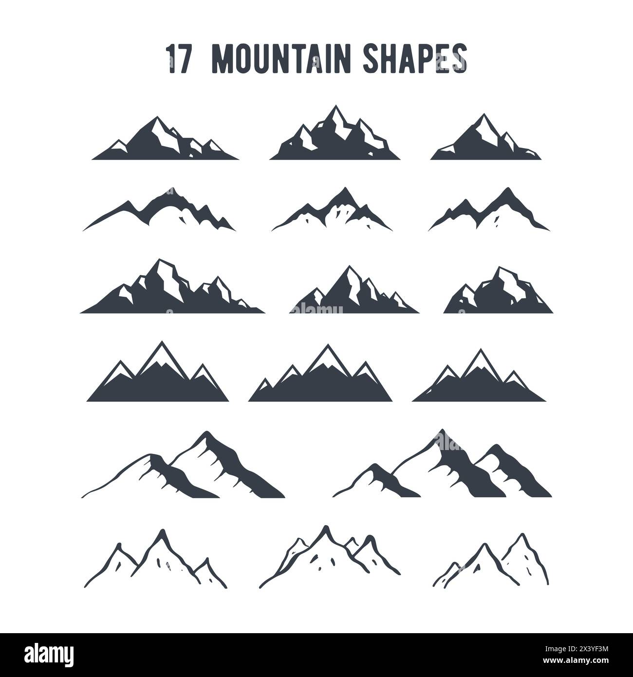 Set di silhouette di montagna disegnate a mano. Cime di montagna per la creazione di logo, badge e emblemi. Illustrazione Vettoriale