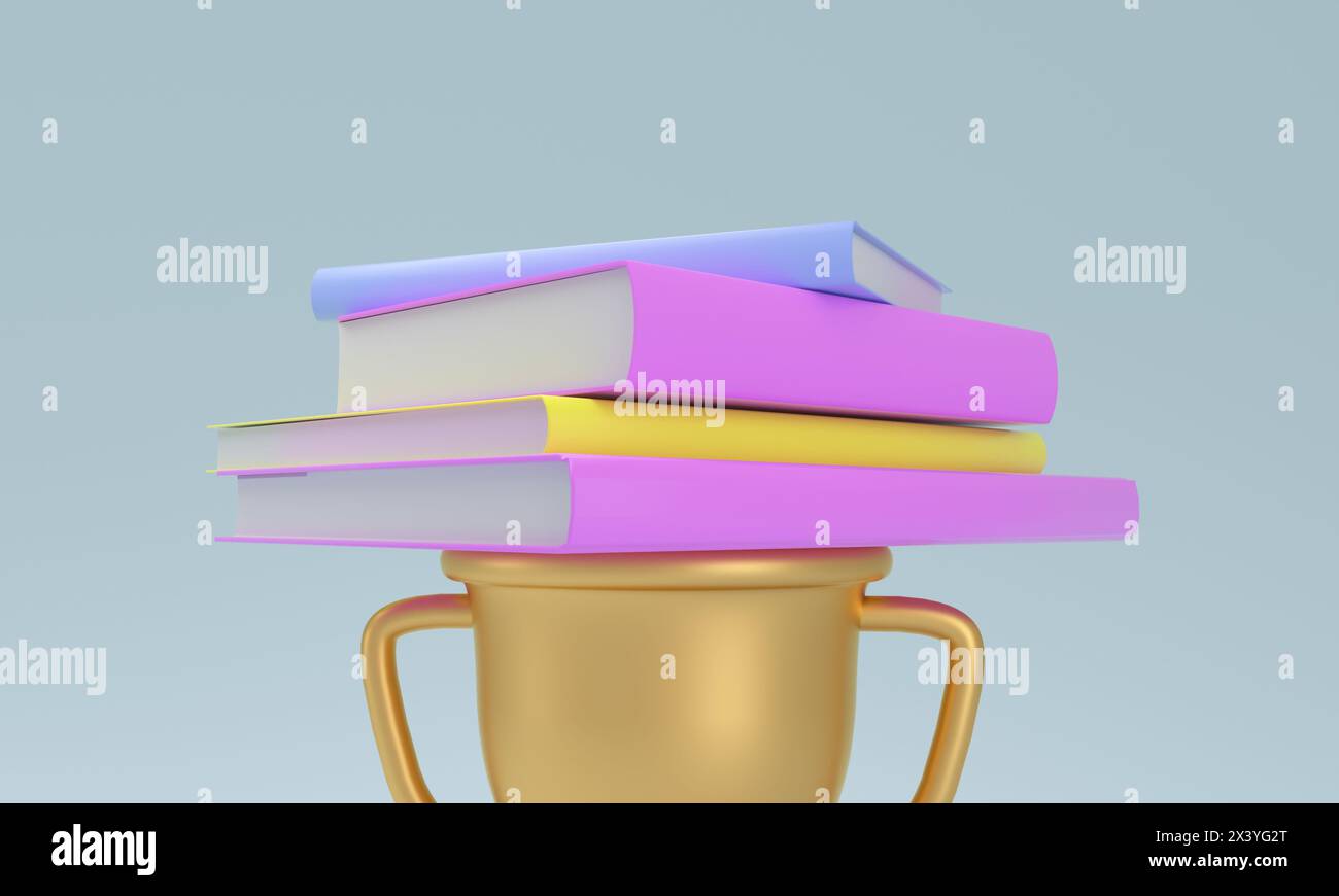 Libri vivaci e multicolori sovrapposti a un trofeo dorato su un morbido sfondo blu, a simboleggiare il successo educativo. Illustrazione 3D. Foto Stock