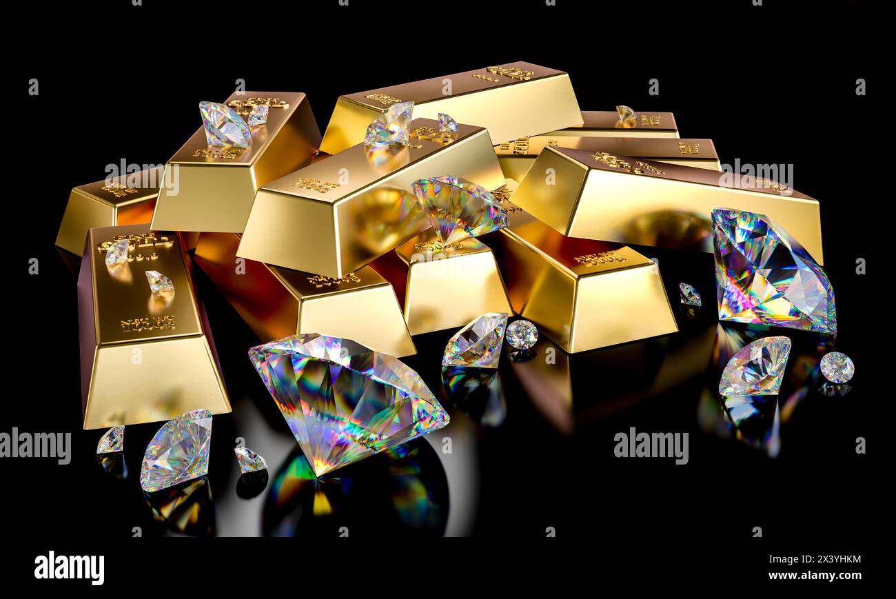 Mucchio di lingotti d'oro e spargimento di diamanti. rendering 3d. Foto Stock