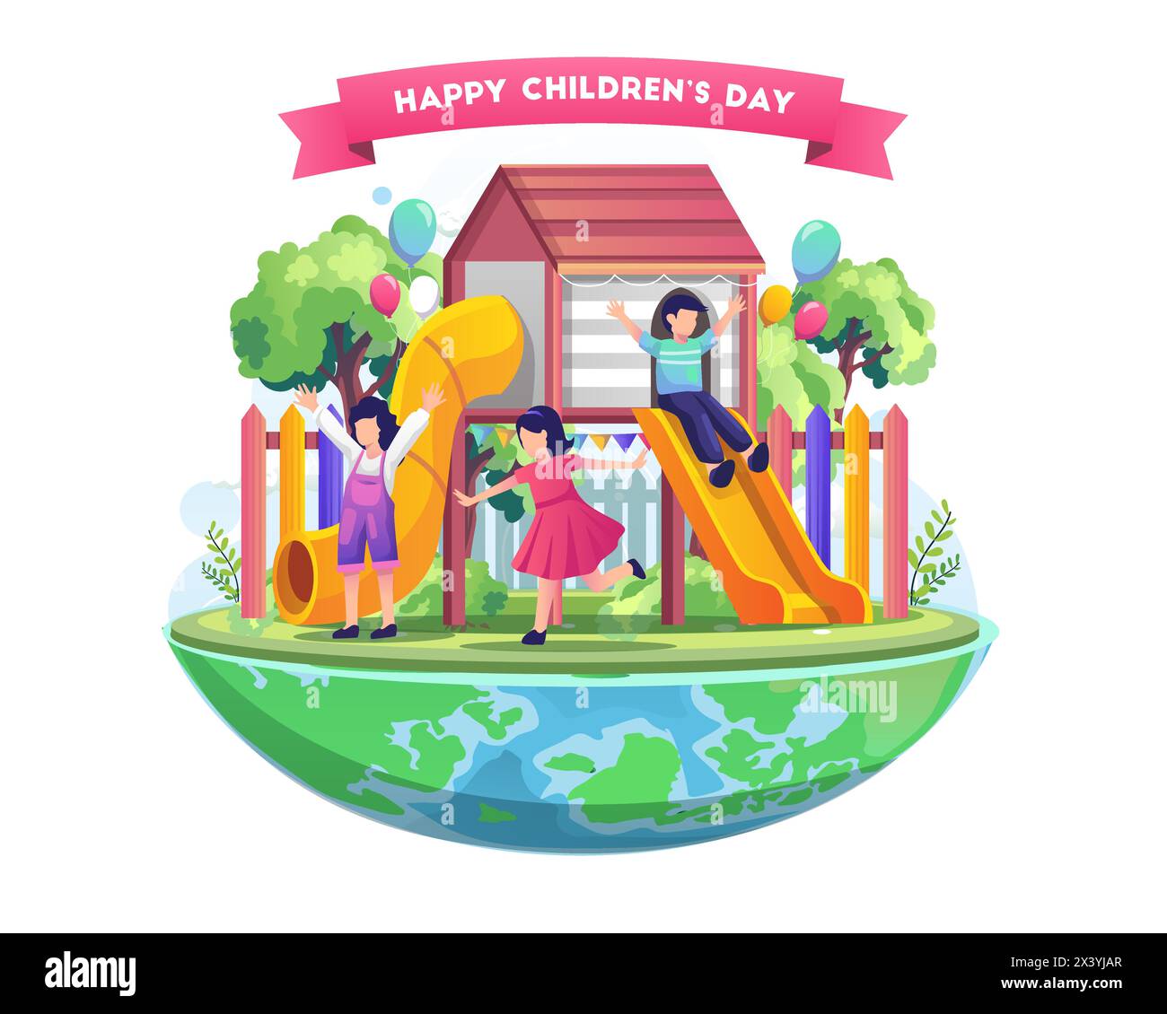 I bambini si divertono nel parco giochi nella giornata mondiale dei bambini. Illustrazione del vettore piatto Illustrazione Vettoriale