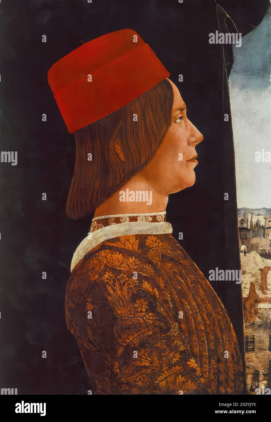 ROBERTI, Ercole de' (B. 1456, Ferrara, d. 1496, Ferrara) Ritratto di Giovanni II Bentivoglio c. 1480 olio su legno, 54 x 38 cm Galleria Nazionale d'Arte, Washington il soggetto di questo dipinto, compagno del ritratto della moglie Ginevra Bentivoglio, fu sovrano di Bologna per trentatré anni. Ci si aspettava che i ritratti di Quattrocento tracciassero con precisione cartografica apparati fisici esatti. I ritratti di profilo erano probabilmente preferiti perché ricordano le somiglianze imperiali sulle antiche monete romane. *** Parole chiave: ************* Autore: ROBERTI, Ercole de' titolo: Ritratto di Giovan Foto Stock