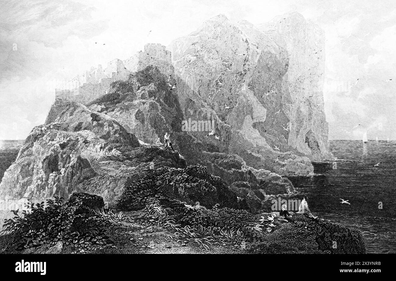 Bass Rock in the Firth of Forth Opening to the North , East Lothan, Scotland, Walter Scott, Old Mortality, Waverley Novels, Historical Illustration 1880 Foto Stock