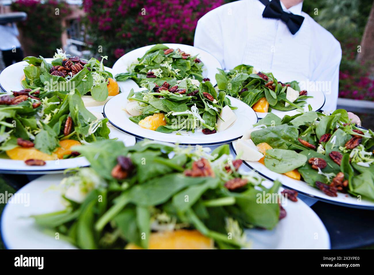 Il cameriere presenta piatti di insalate fresche in giardino durante un evento. Foto Stock