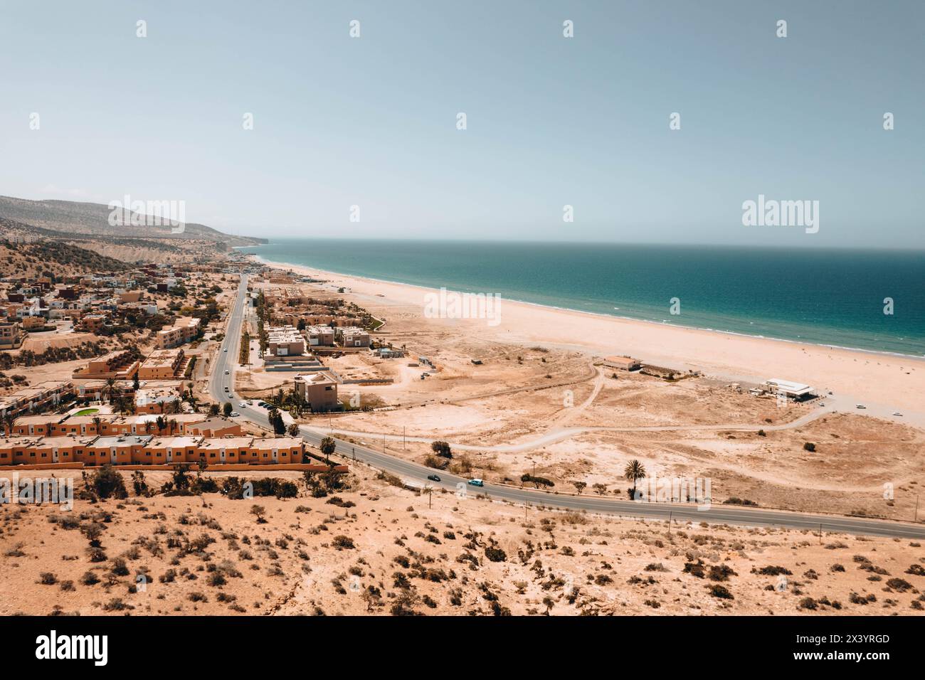 Una vista panoramica di IMI Ouaddar, a nord di Taghazout, Marocco Foto Stock