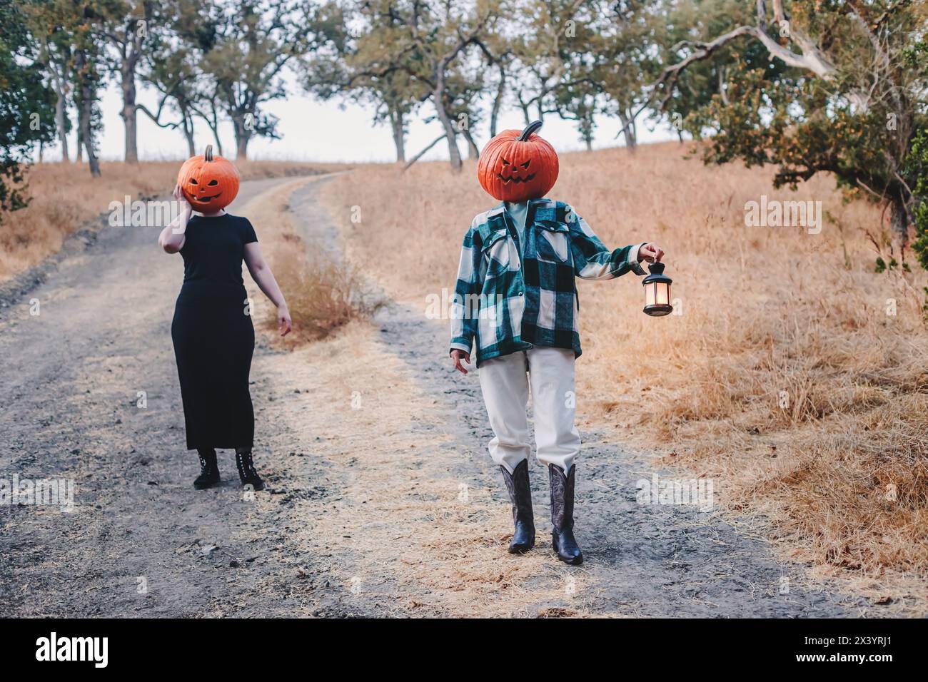 Due amici che indossano teste di zucca di Halloween intagliate Foto Stock
