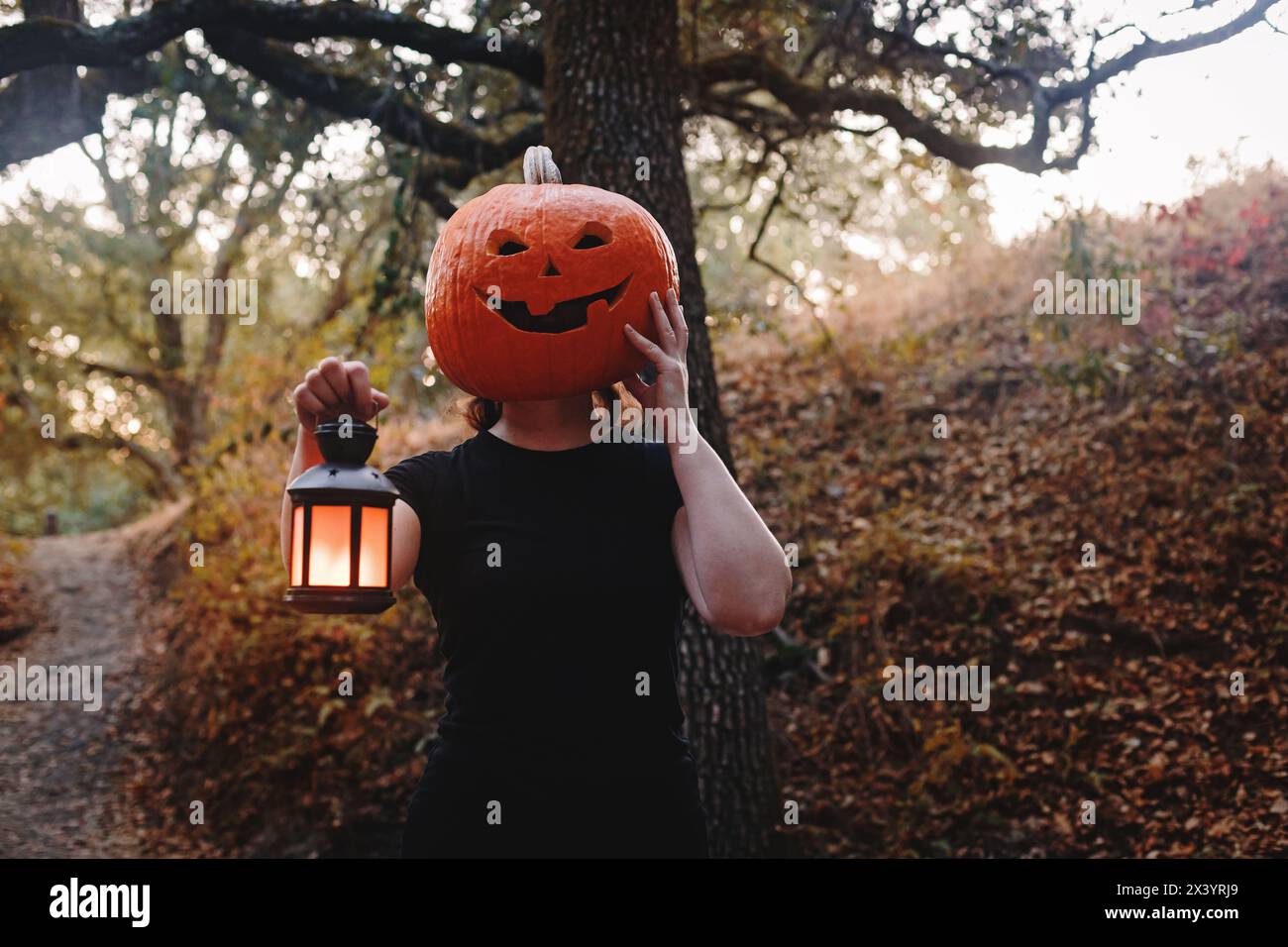 Persona che indossa la testa di zucca scolpita di Halloween con faccia divertente Foto Stock