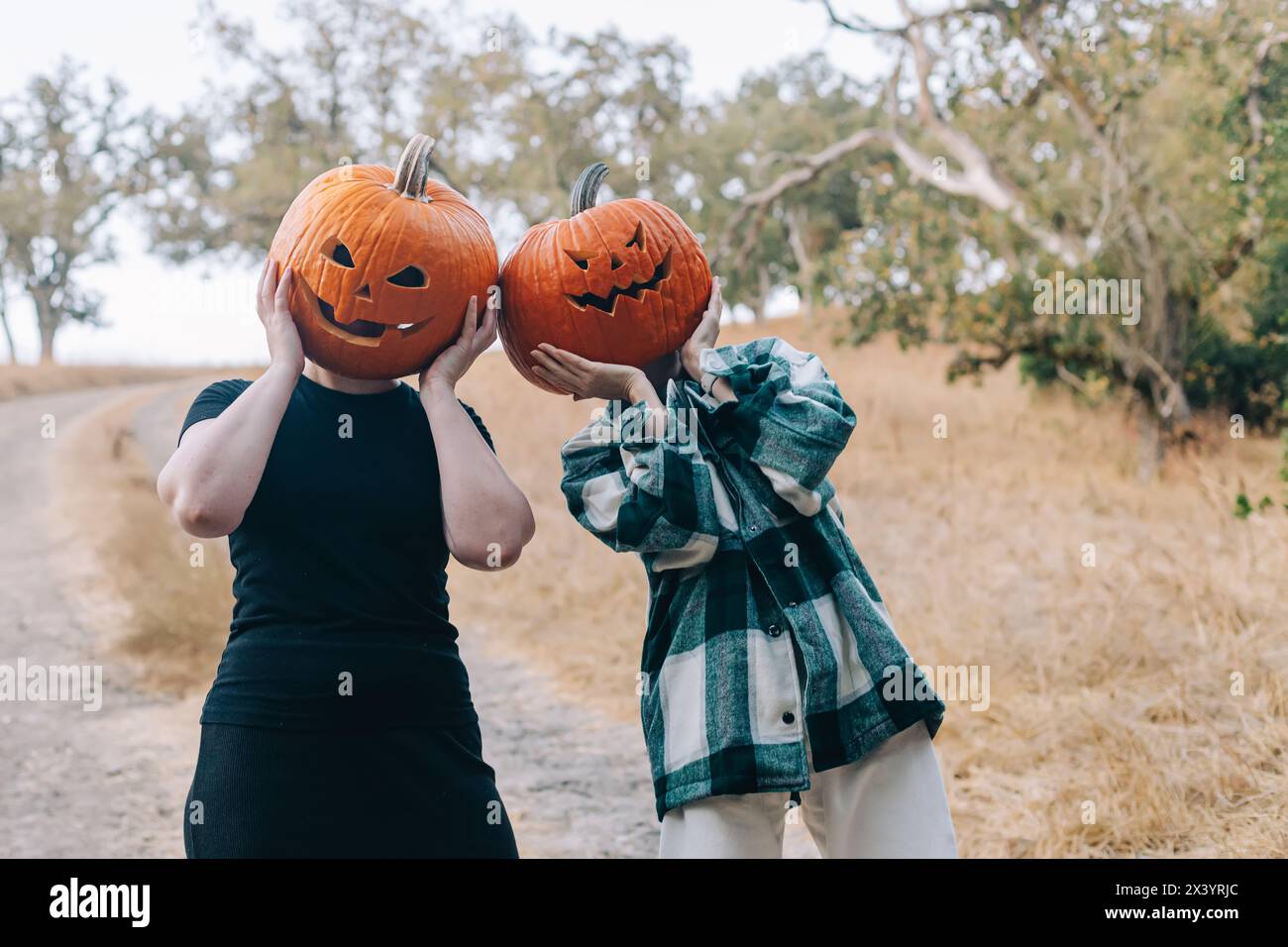 Due amici con teste di zucca di Halloween intagliate Foto Stock