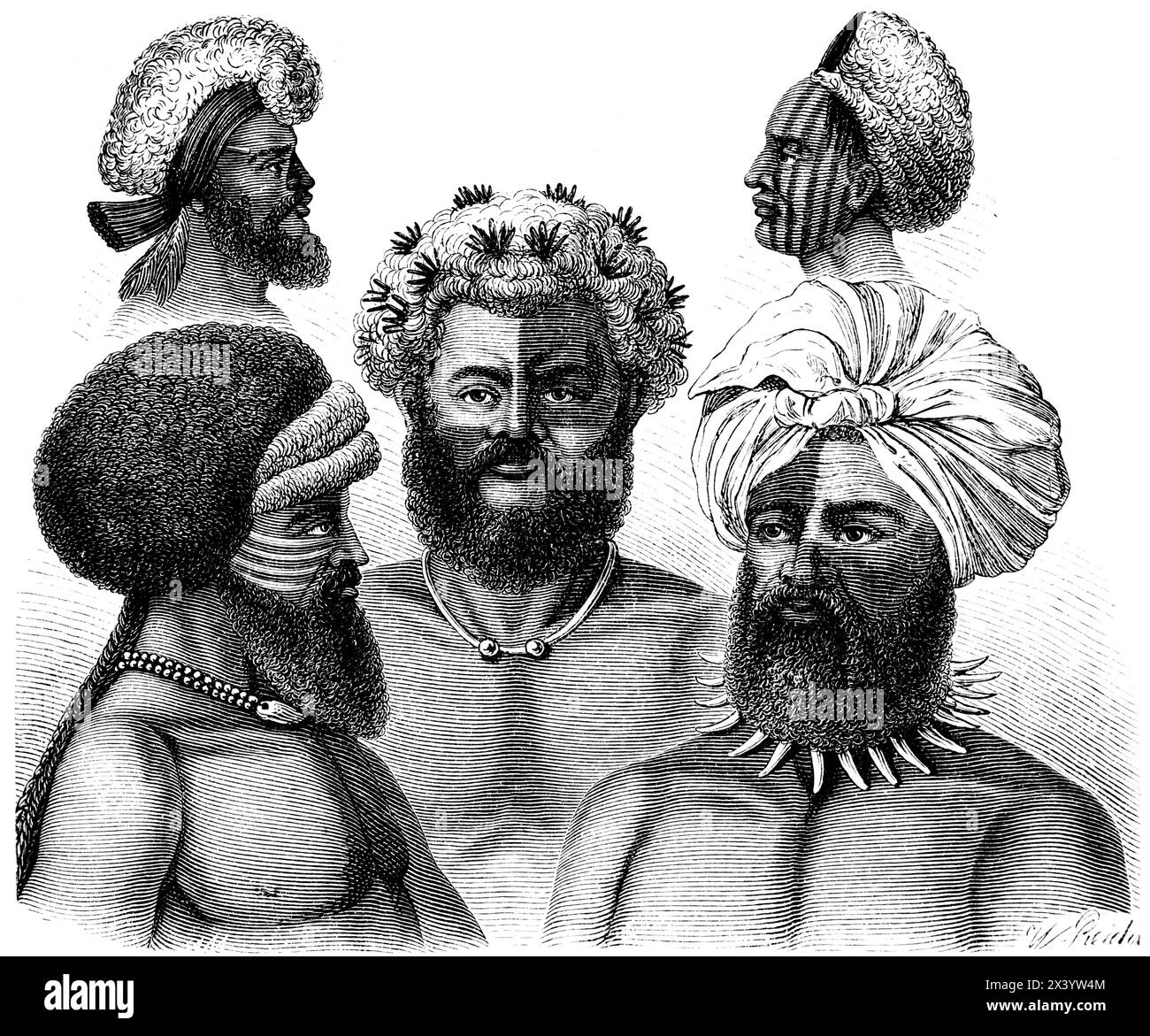 Fijiani e Figi, abitanti dell'isola di Vanua leva, archepelago delle isole Figi, Oceano Pacifico, illustrazione storica 1880 Foto Stock