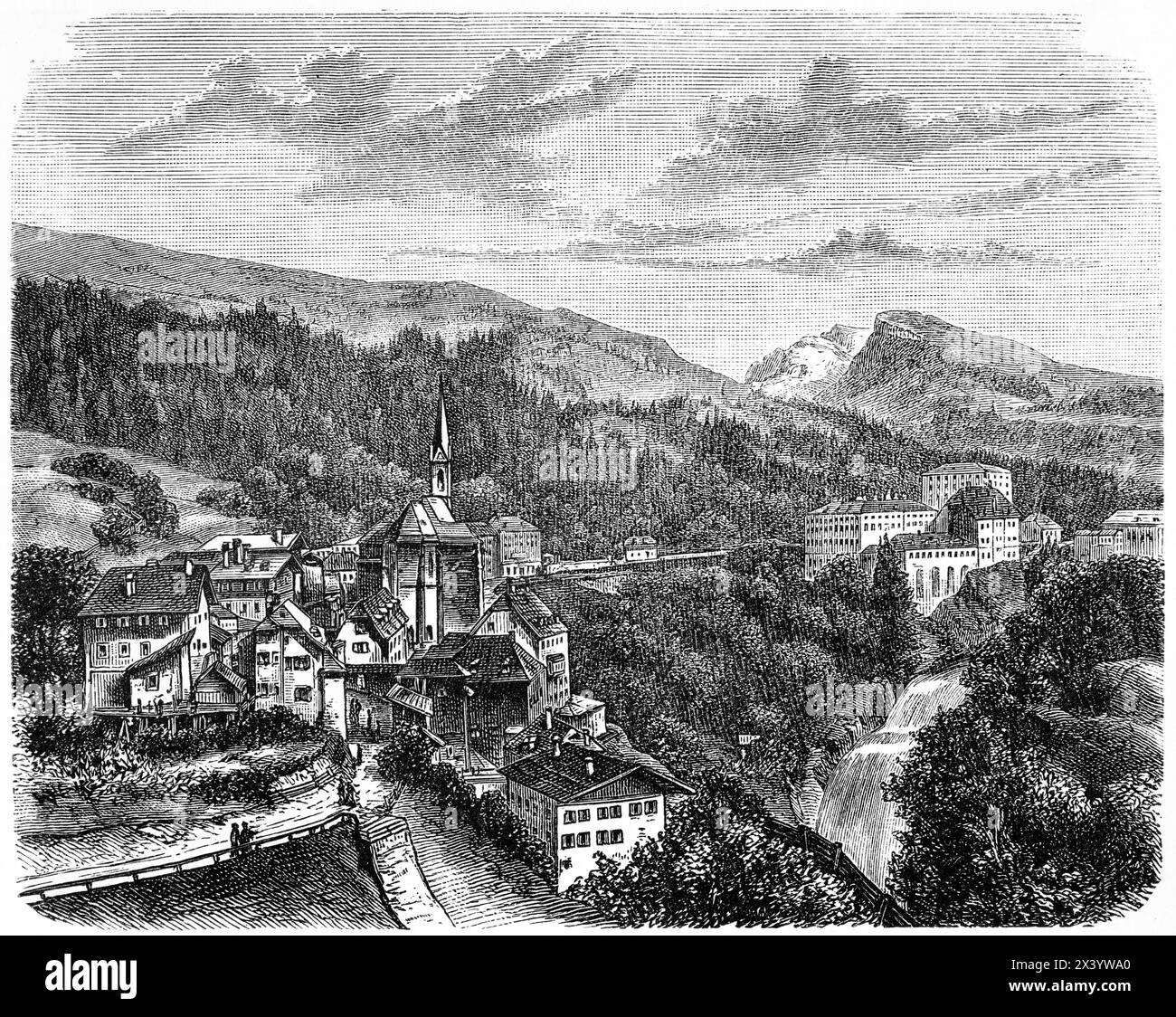 Wildbad Gastein, oggi Spa Bad Gastein, situato in un paesaggio montuoso, Land Salisburgo, Austria, Europa centrale, illustrazione storica 1880 Foto Stock