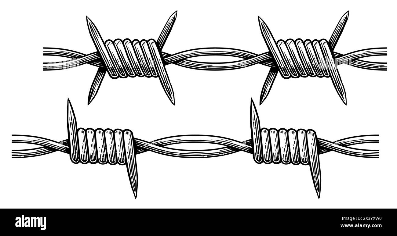 Filo spinato in acciaio metallico con spine, punte. Illustrazione del vettore di schizzo disegnato a mano. Stile incisivo del tatuaggio Illustrazione Vettoriale