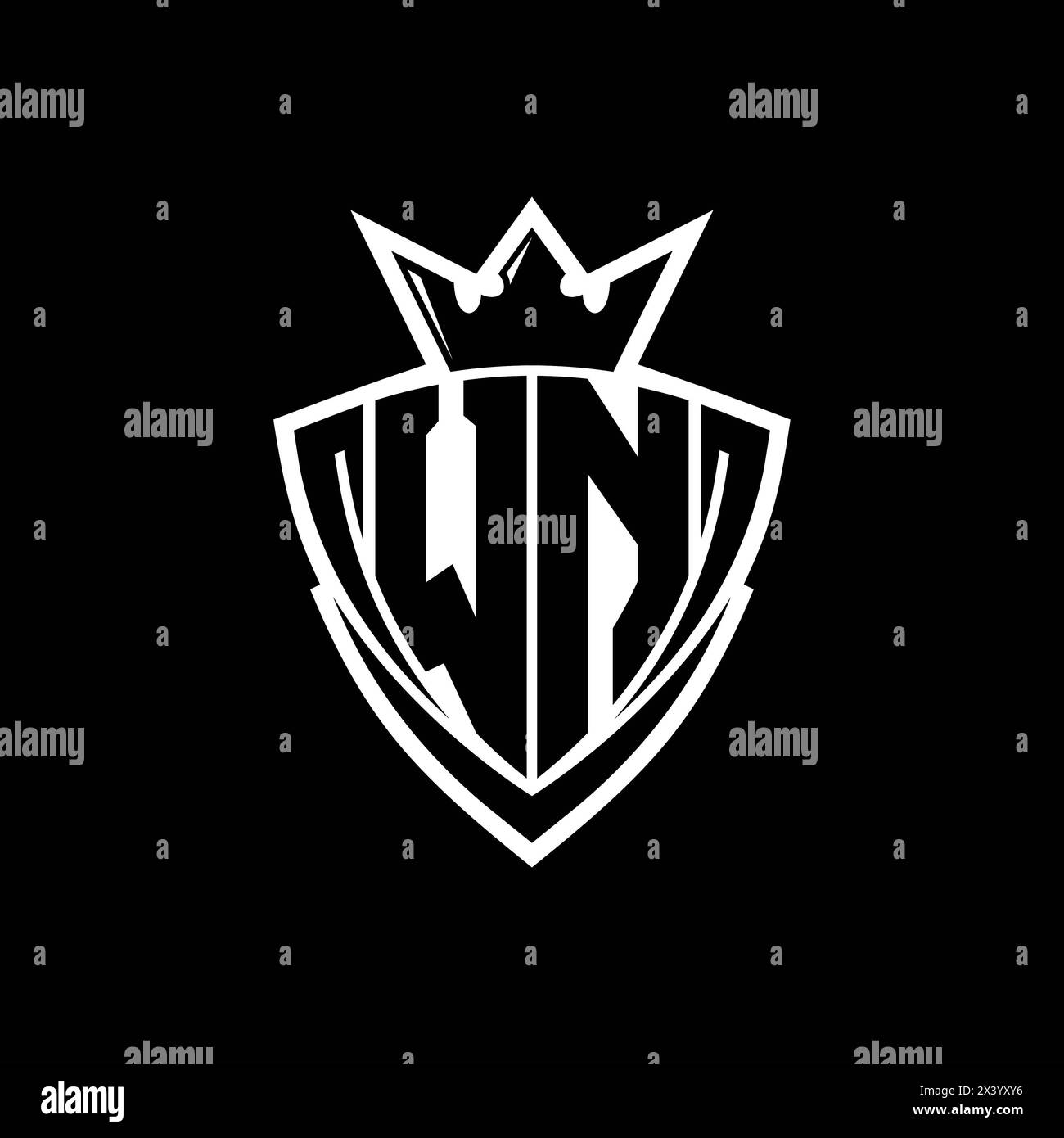 Logo WN Bold Letter con scudo triangolare affilato con bordo bianco all'interno della corona sul design del modello su sfondo nero Foto Stock