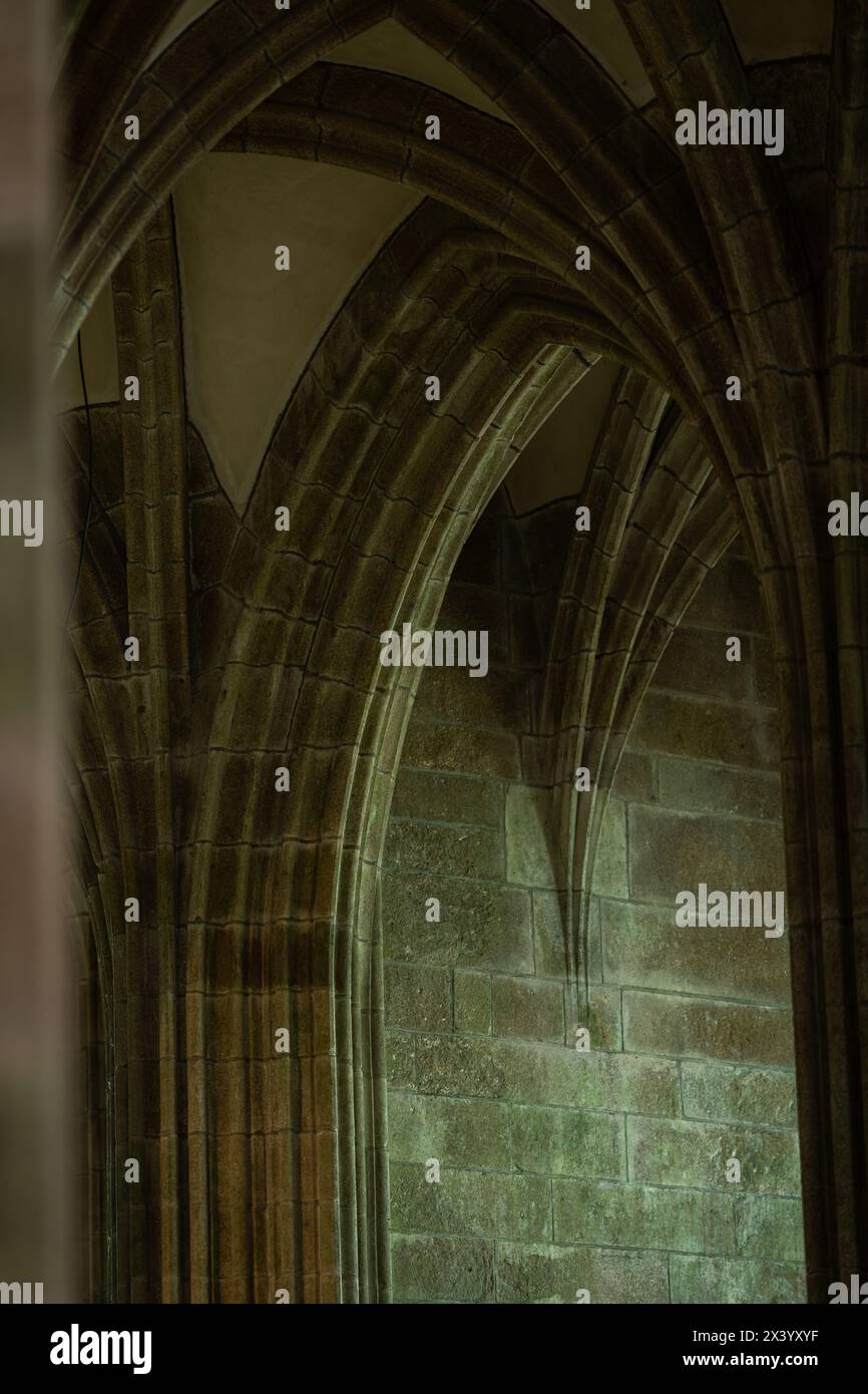 Vista delle volte gotiche delle costole e dei pilastri. Immagine verticale degli archi gotici a volta all'interno di una cattedrale. Foto Stock