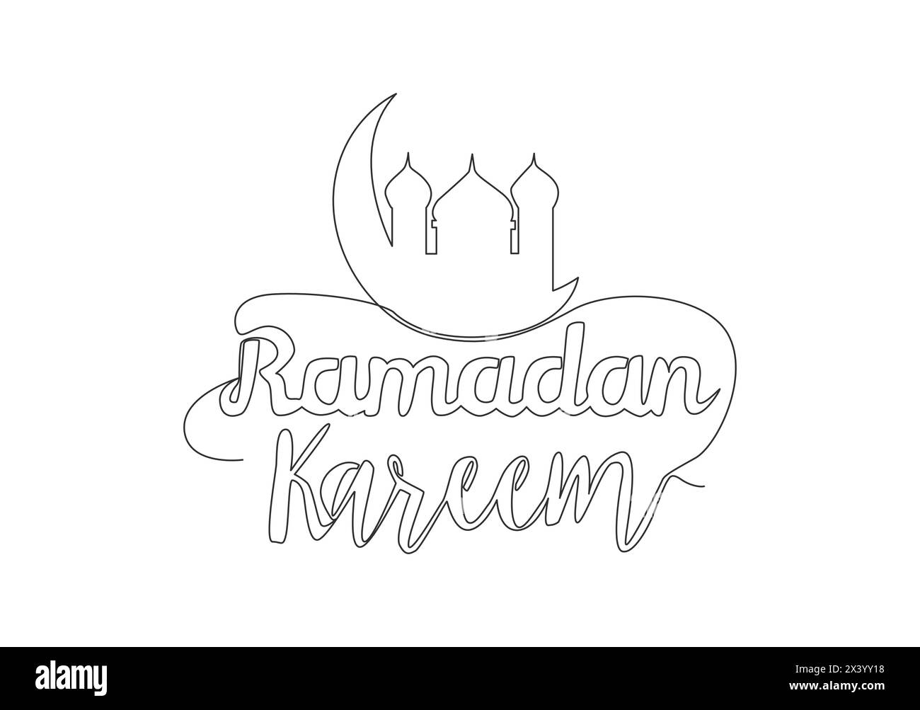 Un disegno su una sola linea di Happy Eid al Fitr Mubarak e Ramadan Kareem Concept. Disegno calligrafico islamico per la stampa, biglietto d'auguri, striscione, Illustrazione Vettoriale