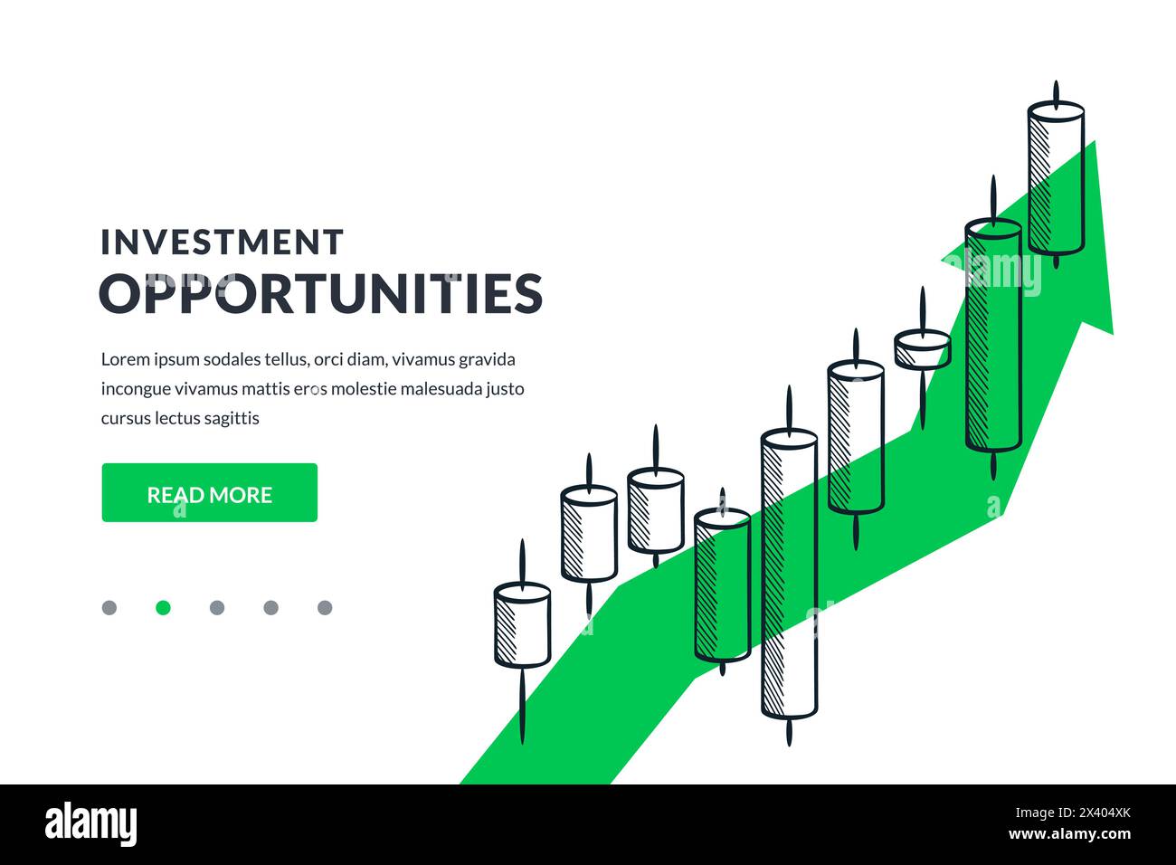Grafico del mercato azionario finanziario in crescita su sfondo con freccia verde. Illustrazione dello schizzo vettoriale disegnata a mano. Profitto sugli investimenti, statistiche, strategia aziendale Illustrazione Vettoriale