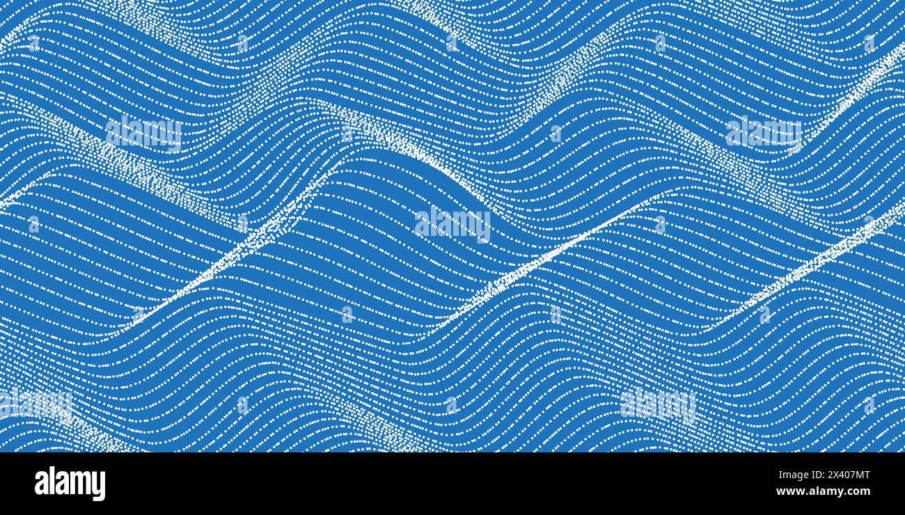 Linee a mezzitoni ondulate bianche su sfondo blu marino. Motivo senza cuciture con trama a punti raster. Videogame per computer con sfondo piatto a 8 bit. Illustrazione vettoriale Illustrazione Vettoriale