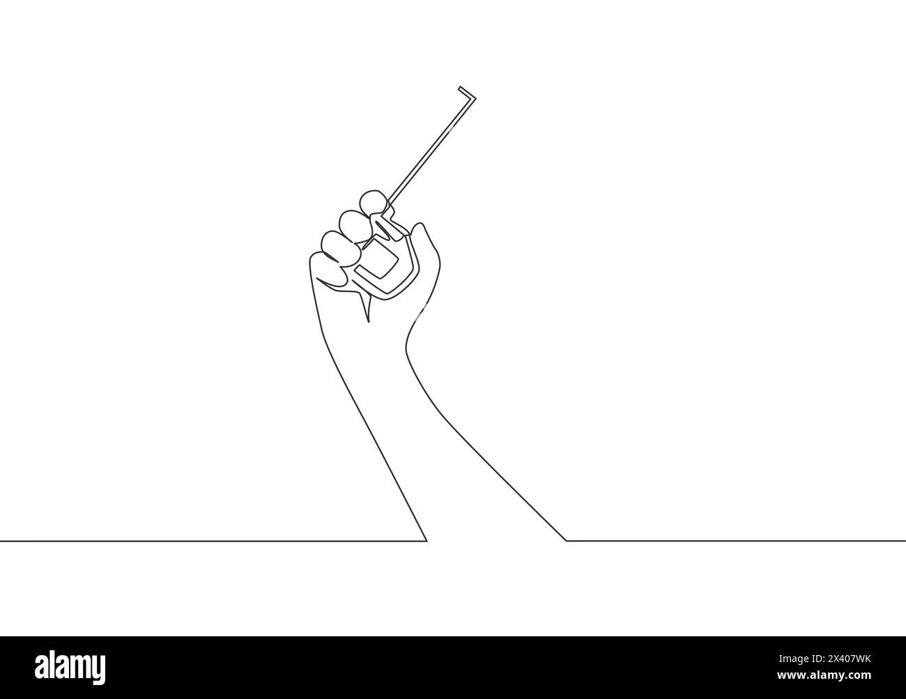 Un disegno su una sola linea di uomo che tiene il metro a nastro. Concetto di strumenti handyman. Illustrazione del design del vettore di disegno a linea continua Illustrazione Vettoriale
