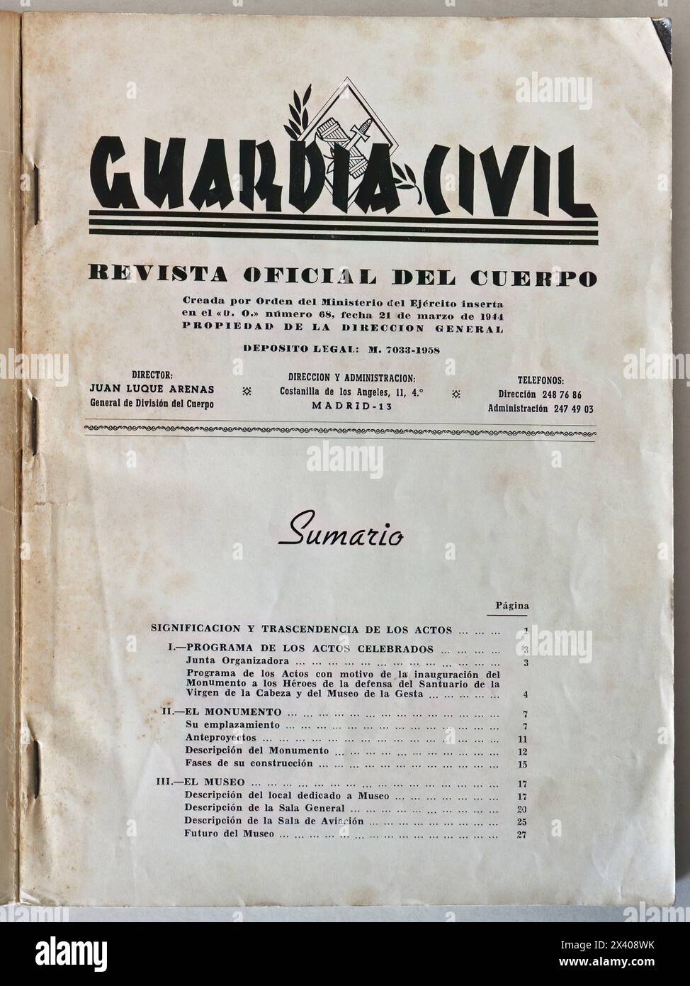 Prima di copertina di un giornale ufficiale della Guardia Civil spagnola numero 68 del 21 marzo 1944 Foto Stock
