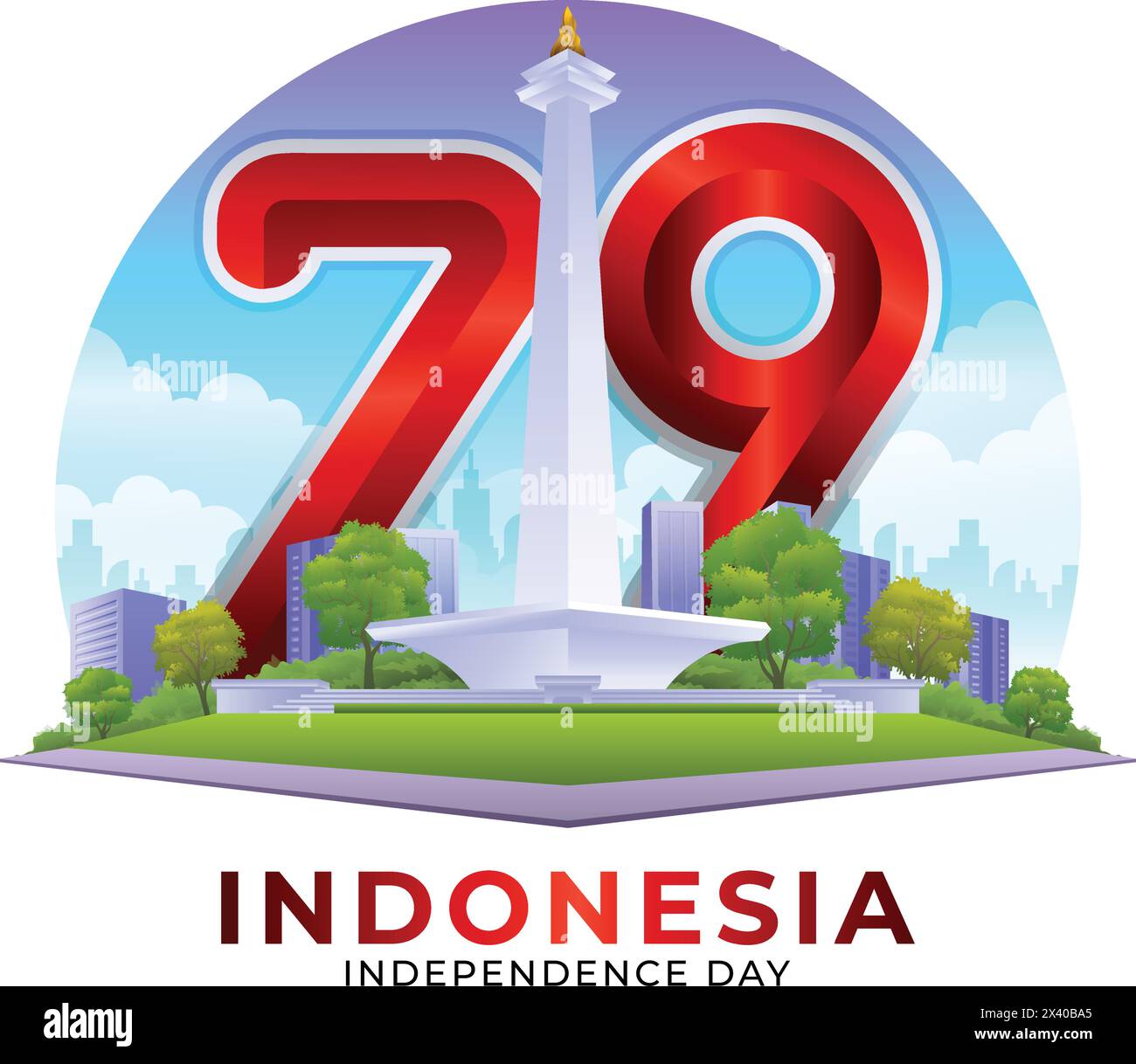 HUT RI ke 79, 79° giorno dell'indipendenza indonesiana con illustrazione vettoriale monumento monas Illustrazione Vettoriale