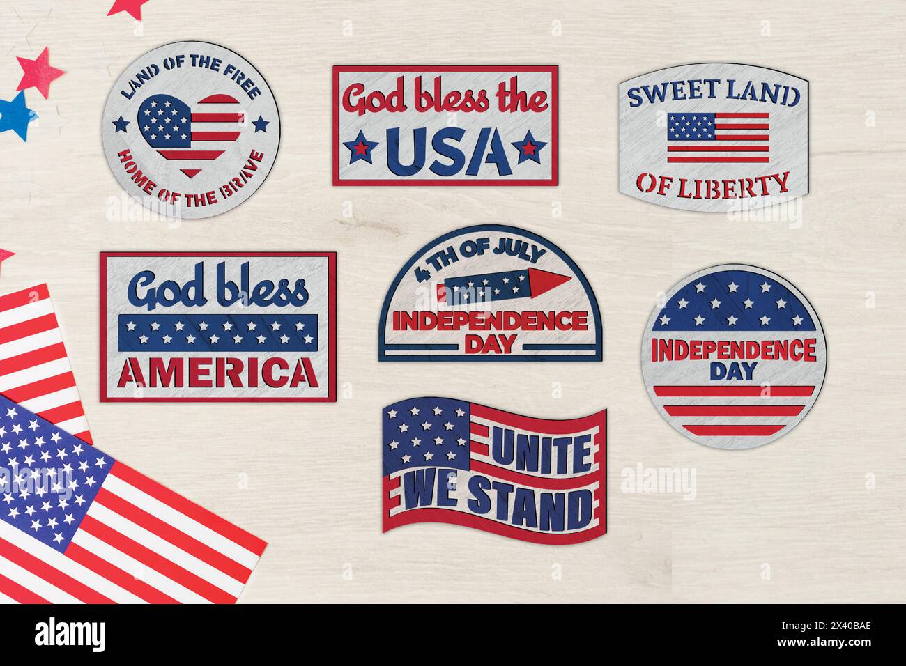 I file di layout multistrato digitali Independence Day Panel sono appositamente preparati per il taglio laser, il router CNC e altre macchine da taglio. Illustrazione Vettoriale
