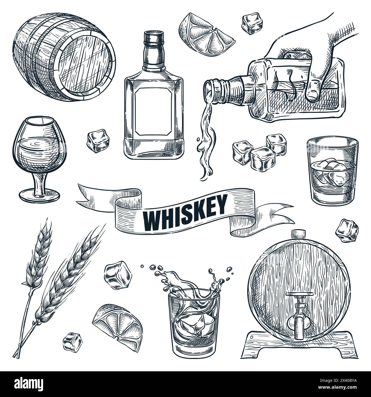 Collezione di icone di whisky isolate su sfondo bianco. Bicchieri, bottiglia, barili disegnati a mano per il design di menu da pub e bar. Illustrazione dello schizzo vettoriale Illustrazione Vettoriale