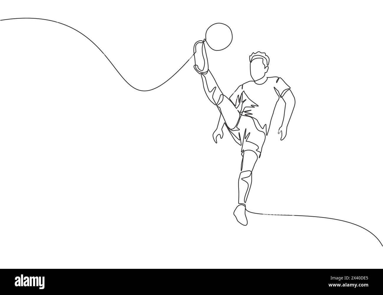 Un'unica linea di un giovane giocatore felice di calcio con maglia a manica corta che calcia la palla mentre salta. Concetto di sport per partite di calcio. Cont Illustrazione Vettoriale
