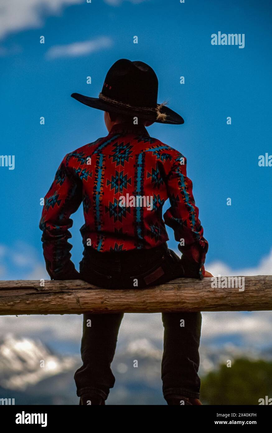 Vista posteriore di un ragazzo in un cappello da cowboy seduto su un palo; Montana, Stati Uniti d'America Foto Stock