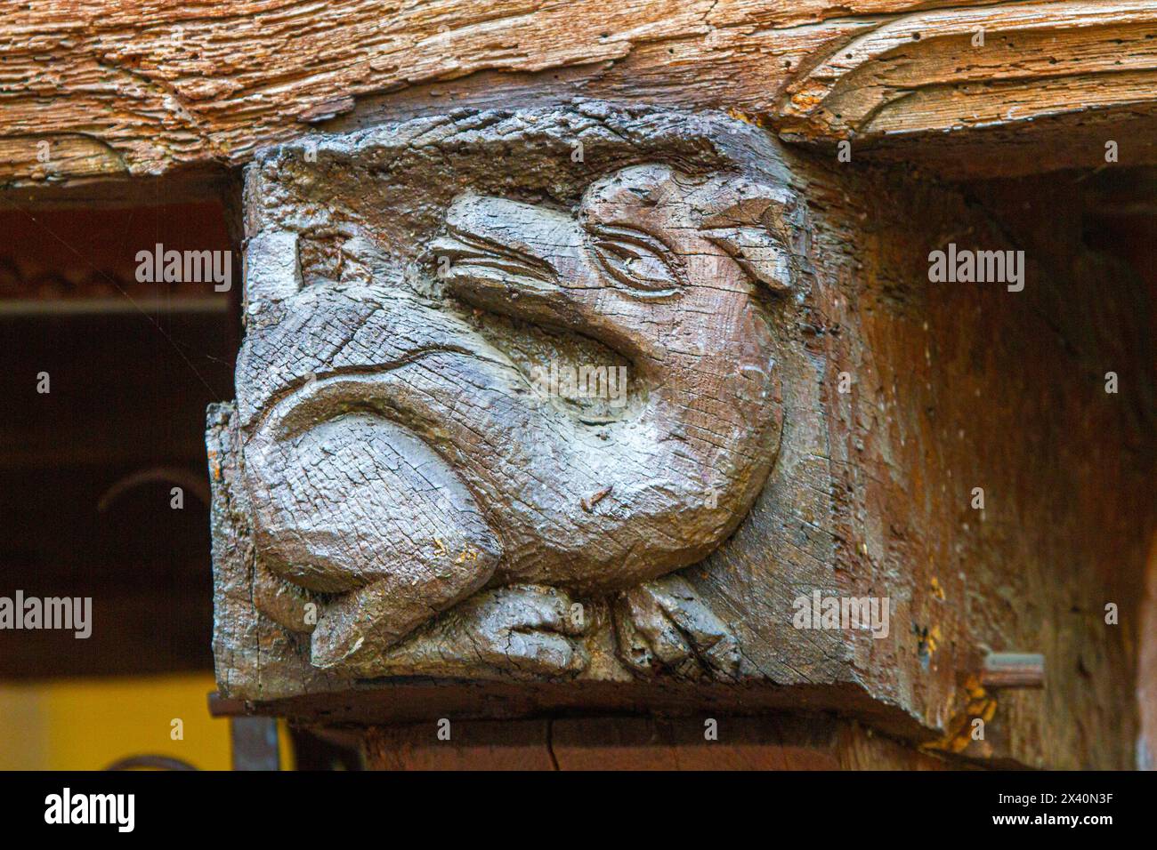 Francia, Grand Est, Aube, Troyes. Facciata di una casa in legno nel centro della città Foto Stock