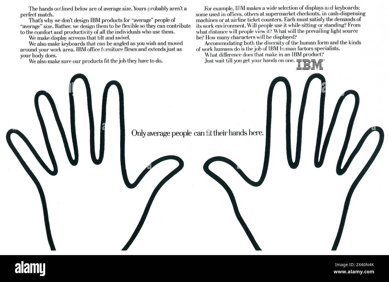 1984 annunci IBM personal computer - "solo le persone normali possono stare le mani qui". Foto Stock