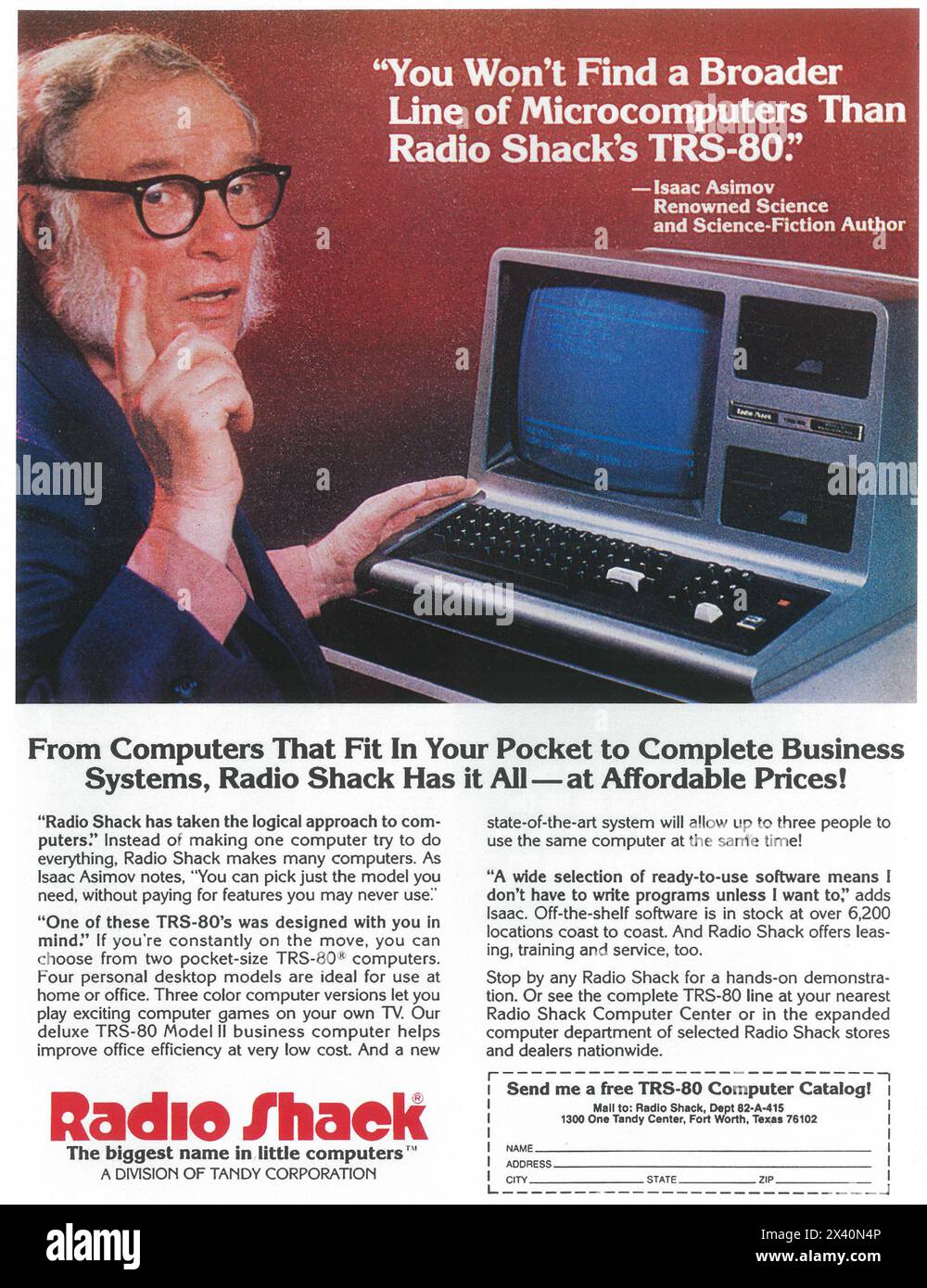 1982 radio Shack Microcomputers ad - Tandy Corporation's TRS-80 Model III, con Isaac Asimov Foto Stock