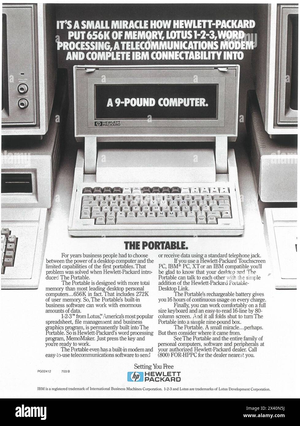 1984 annuncio per computer portatile HP 110 Hewlett Packard - "Un computer da 9 libbre". Foto Stock