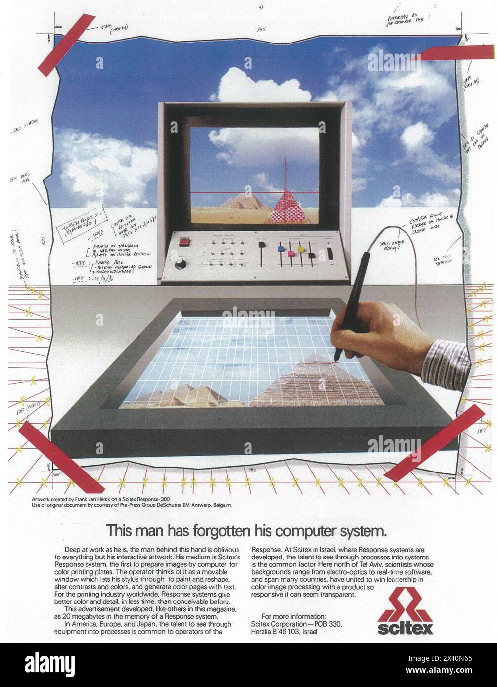 1981 Scitex Response-300 annuncio di sistema - l'uomo ha dimenticato il suo sistema informatico Foto Stock
