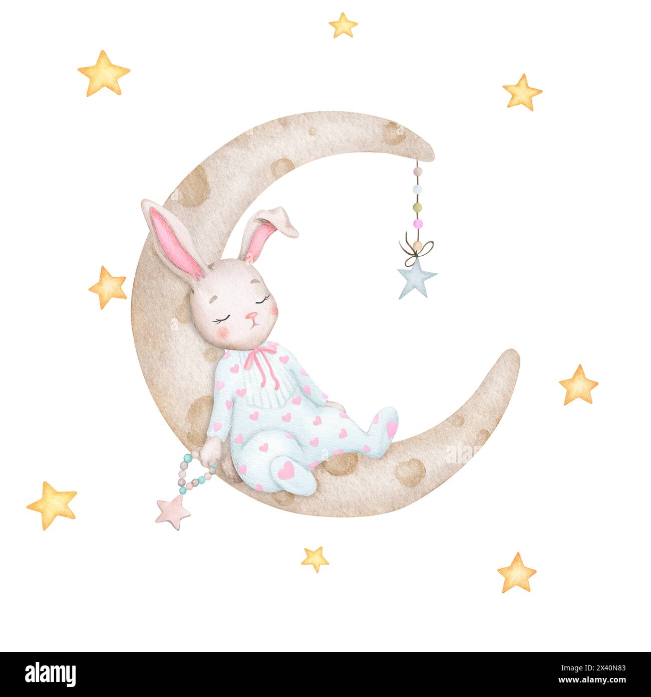 Bel coniglietto che dorme sulla luna. Illustrazione per bambini. Acquerello disegnato a mano. Baby shower, compleanno, festa per bambini. Clipart per la stampa, invito Foto Stock