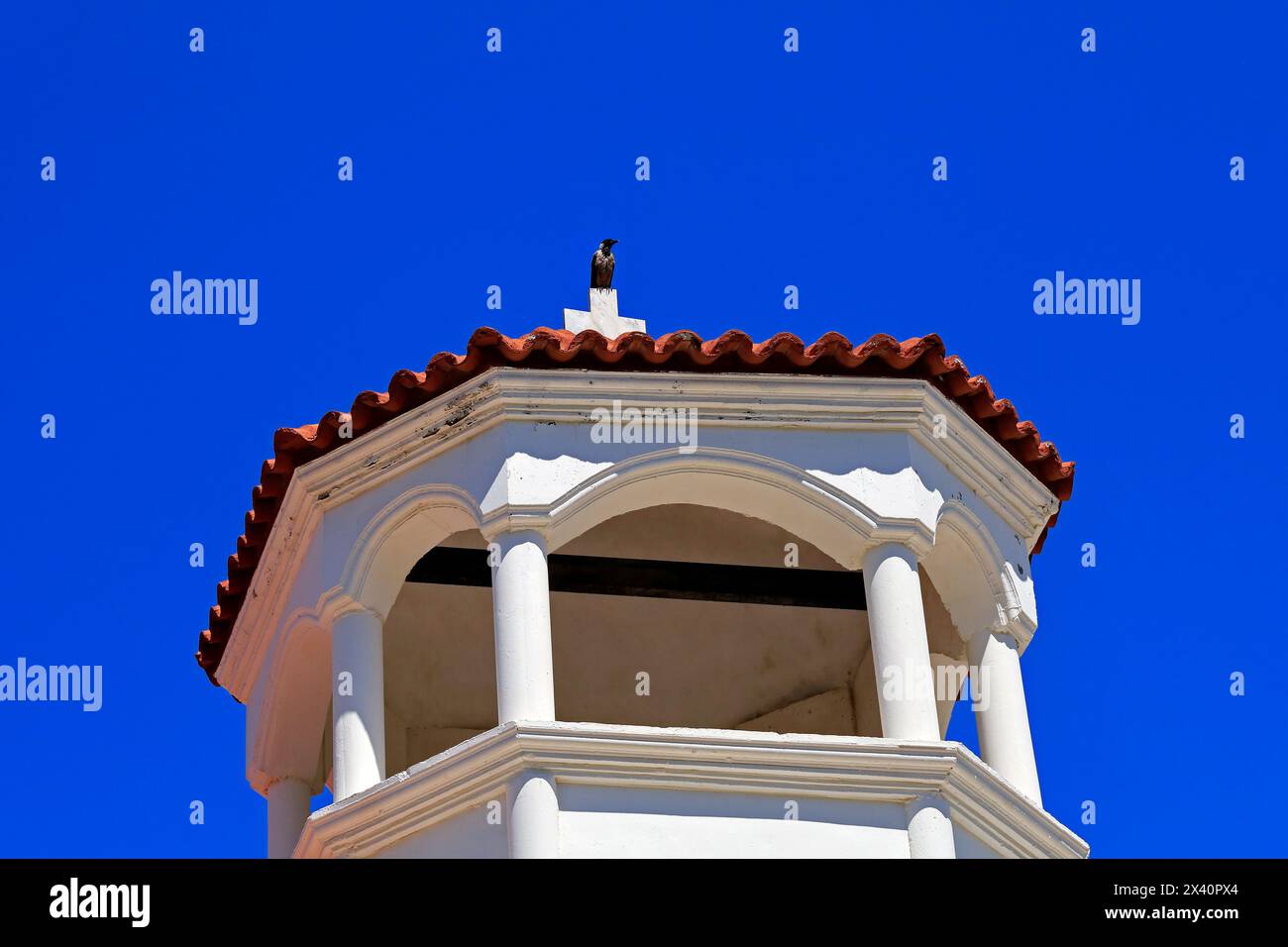 Corvo incappucciato in cima a una torre della chiesa contro il cielo blu, Grecia. Foto Stock