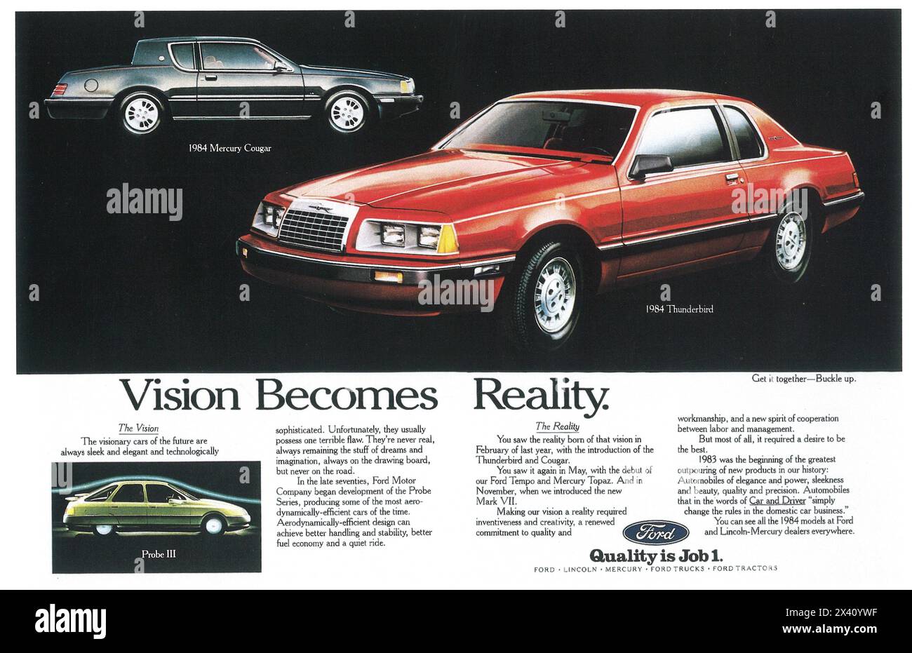 1984 Ford Thunderbird Cougar Probe ad: La visione diventa realtà Foto Stock