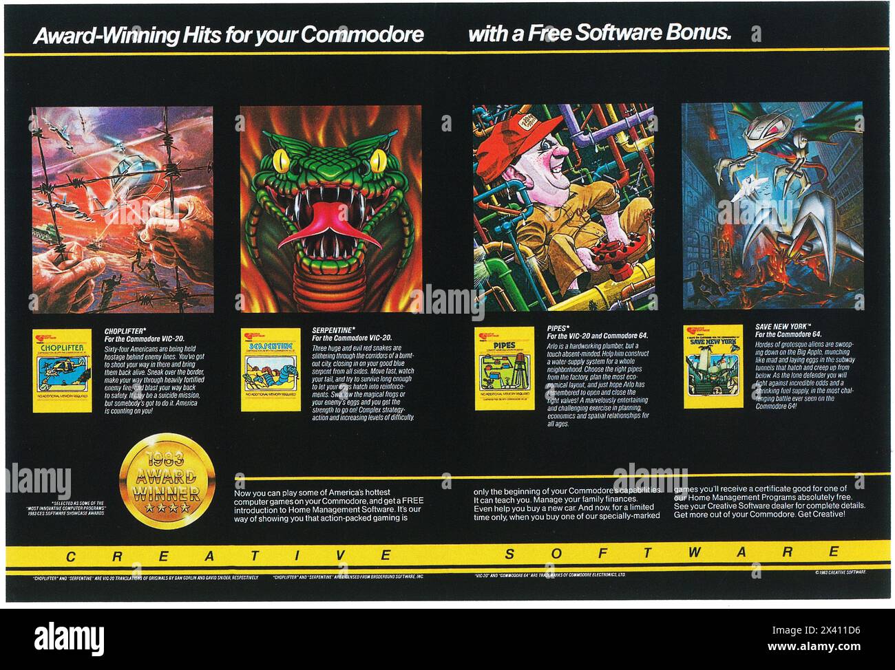 1983 Commodore computer Games ad- software creativo- Choplifter, Serpentine, Pipes, Save New York Foto Stock